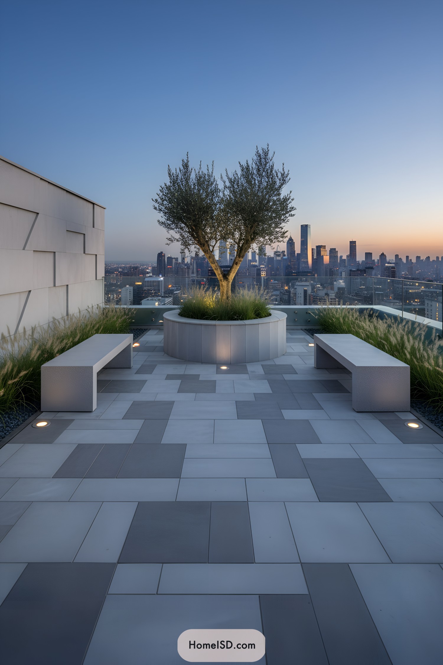 Rooftop terrace with benches and city skyline