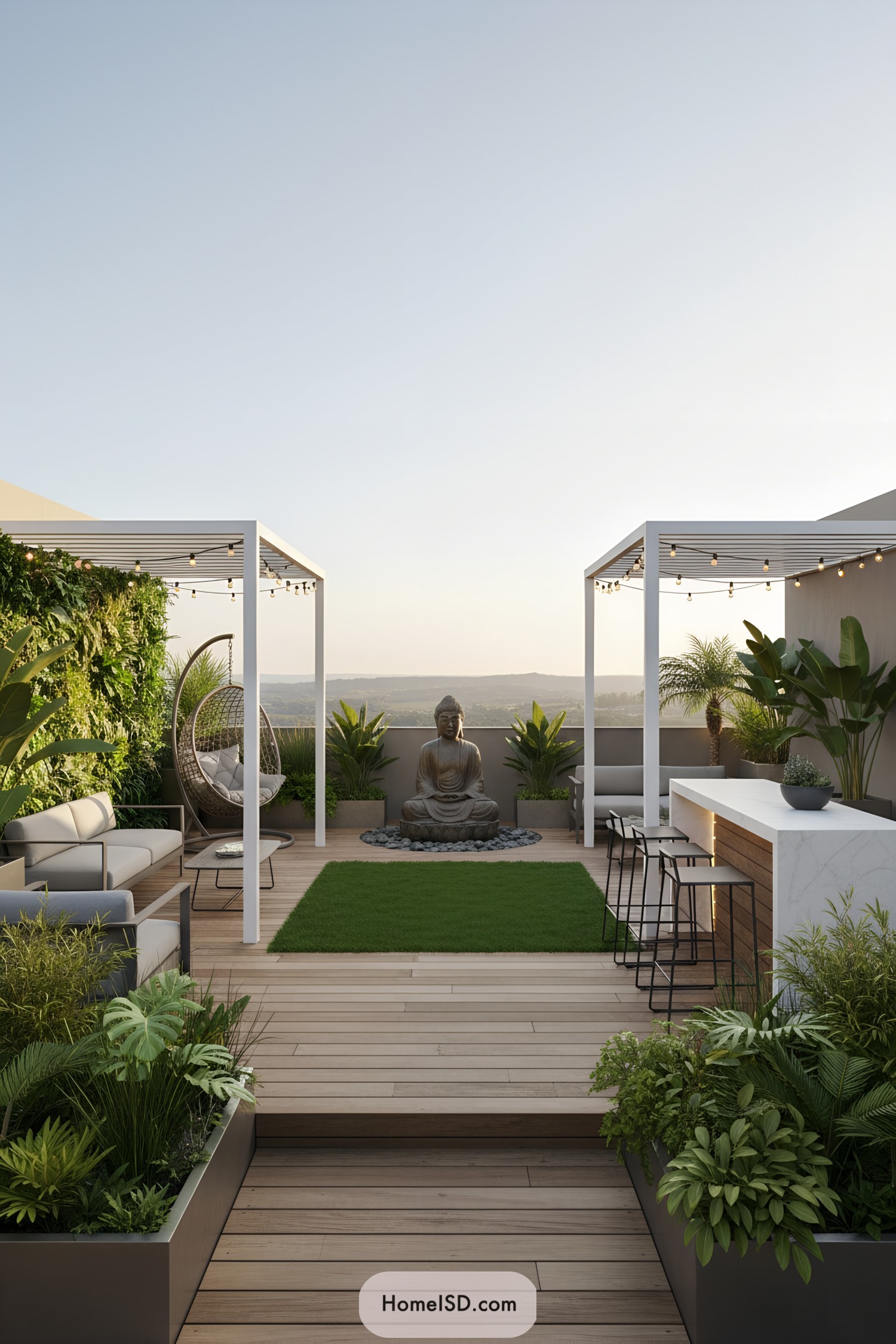 Elegant terrace with cozy seating, lush plants, and a serene statue