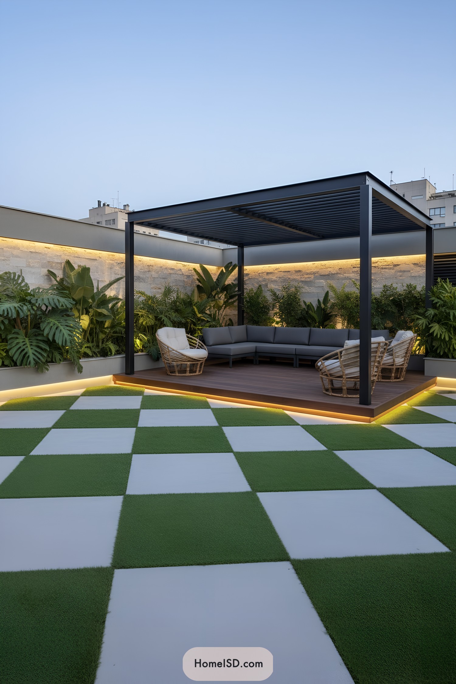 Rooftop with modern furniture and lush greenery
