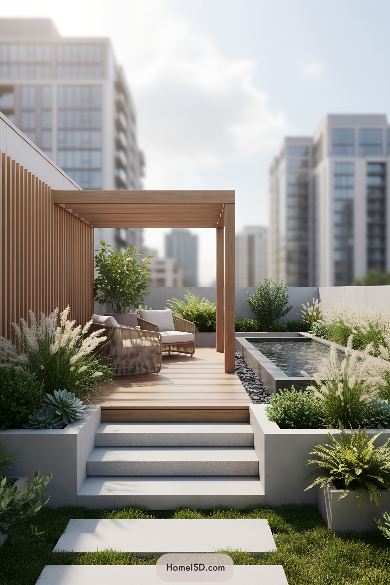 Modern terrace with wooden pergola and lush greenery