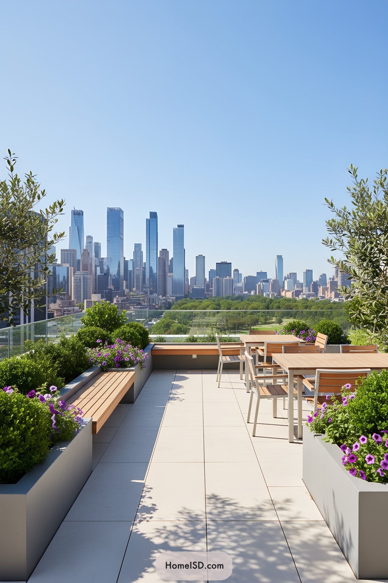 Rooftop terrace with seating and city view