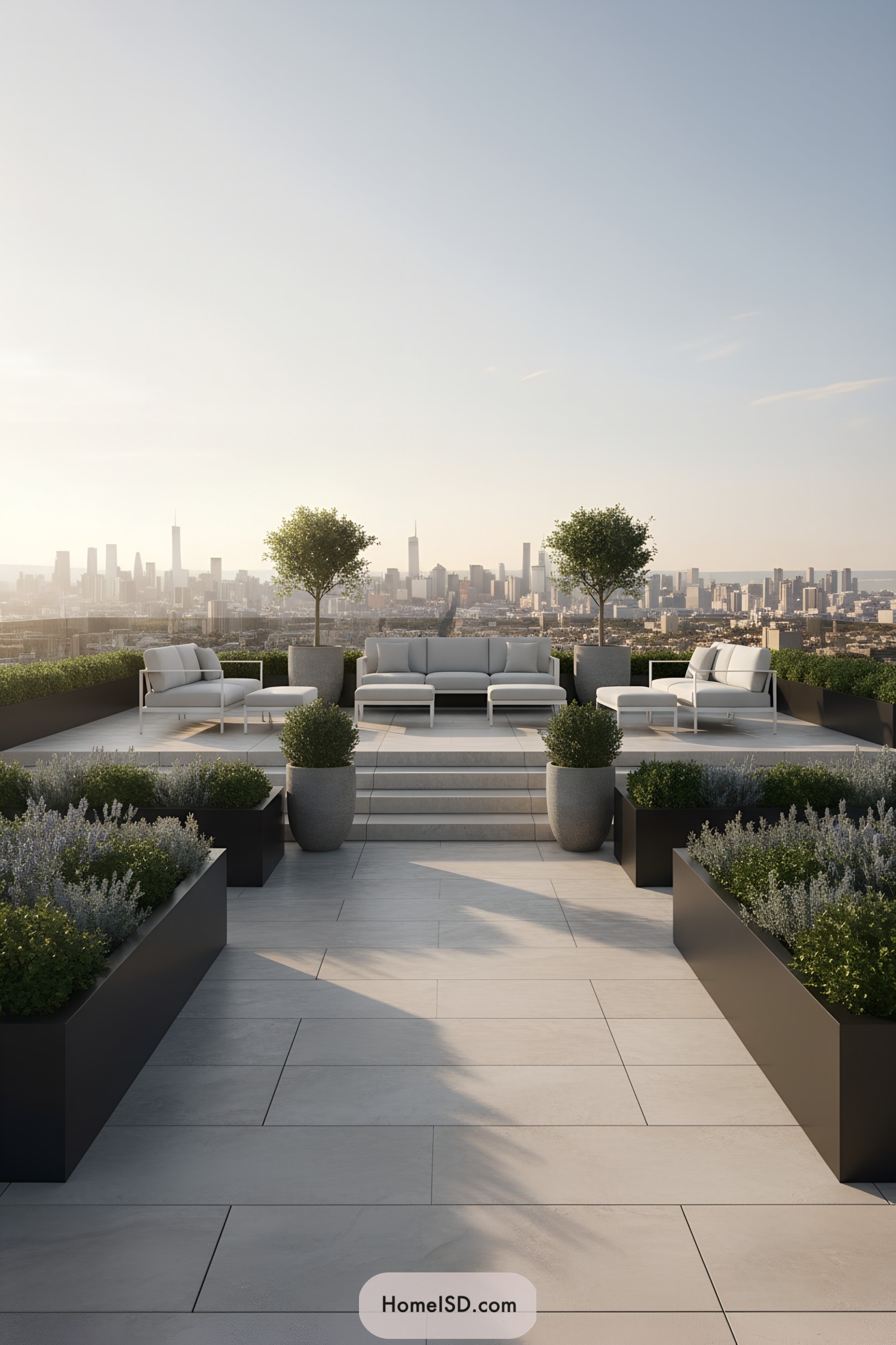 Modern terrace design with city skyline view