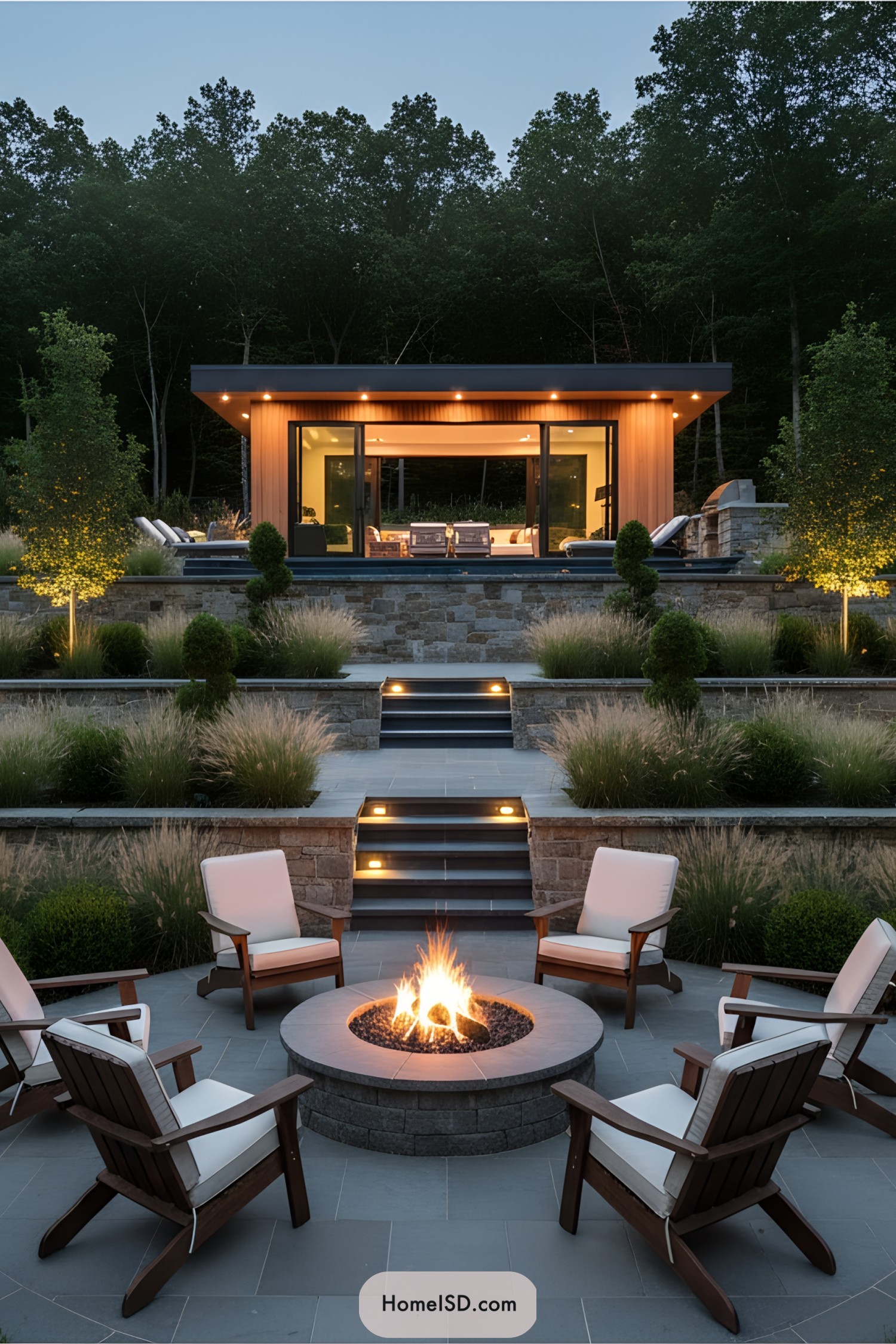 Cozy seating around a fire pit in a stylish backyard