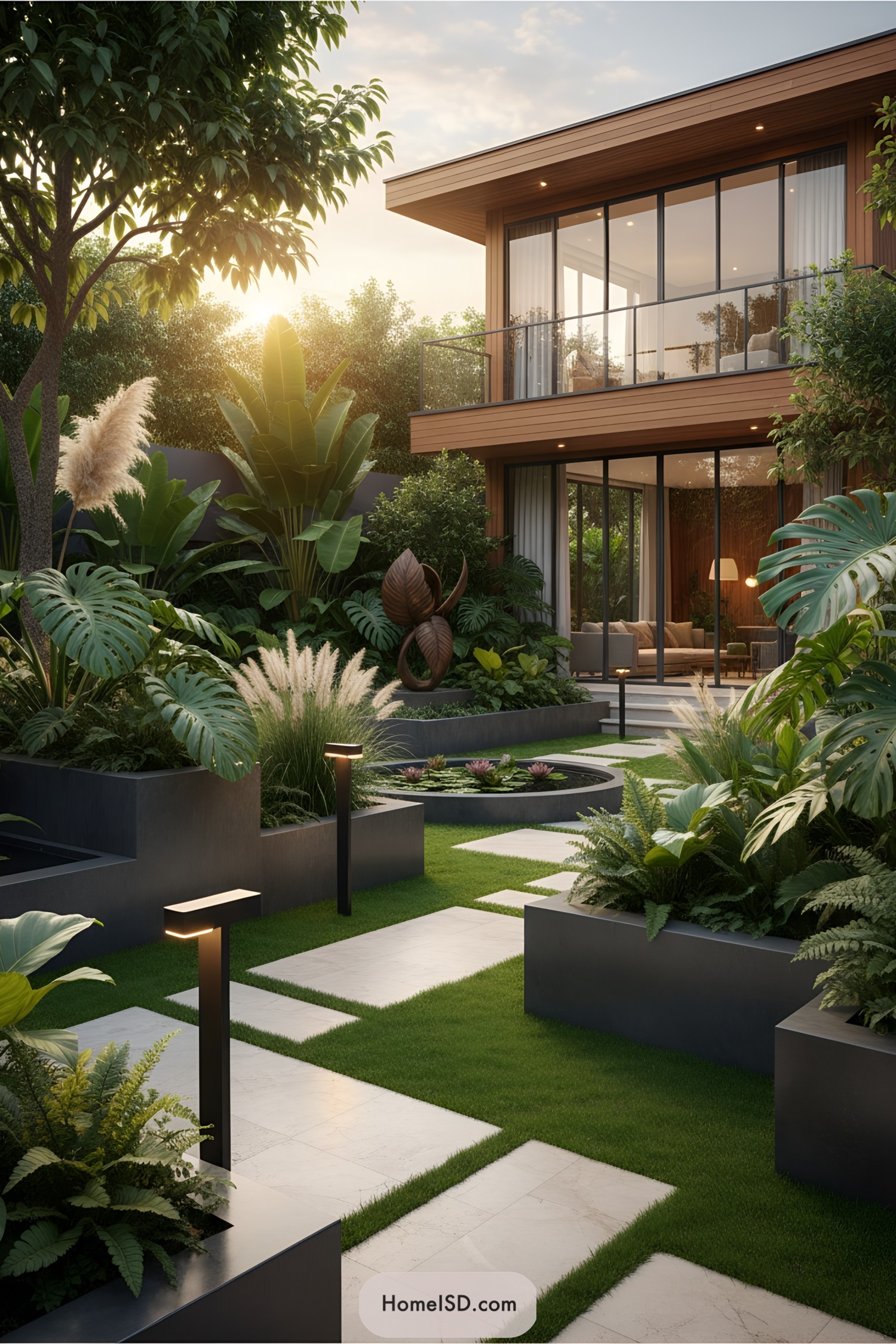 Modern garden with lush plants, sleek pathways, and a stylish home backdrop