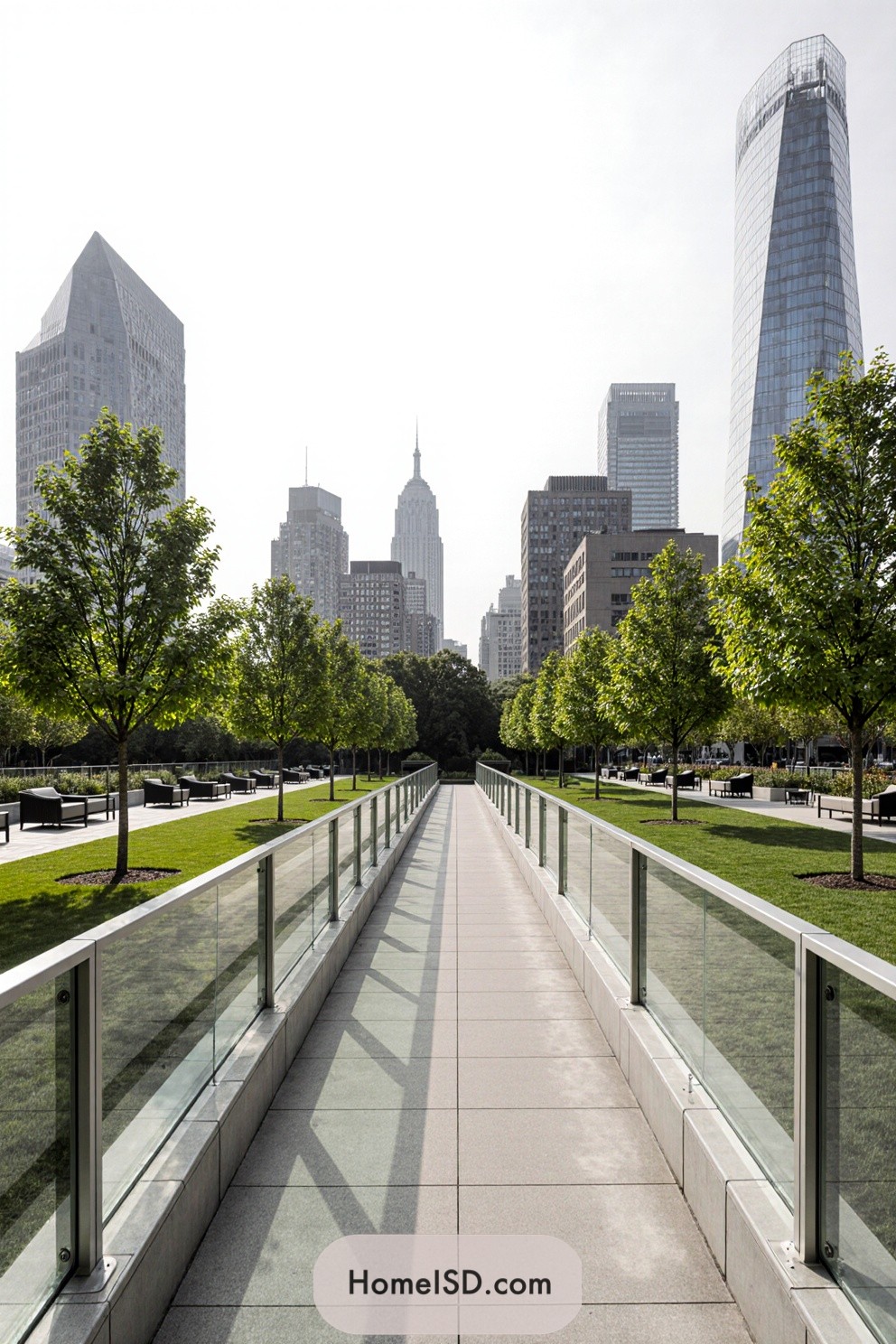 Walkway flanked by trees with skyscrapers in the background