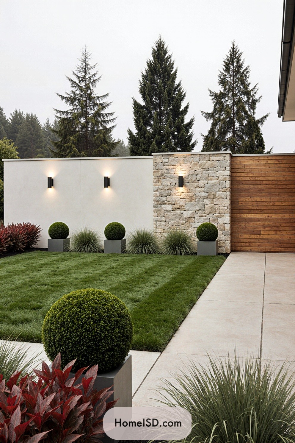 Sleek garden with modern lights and trimmed plants