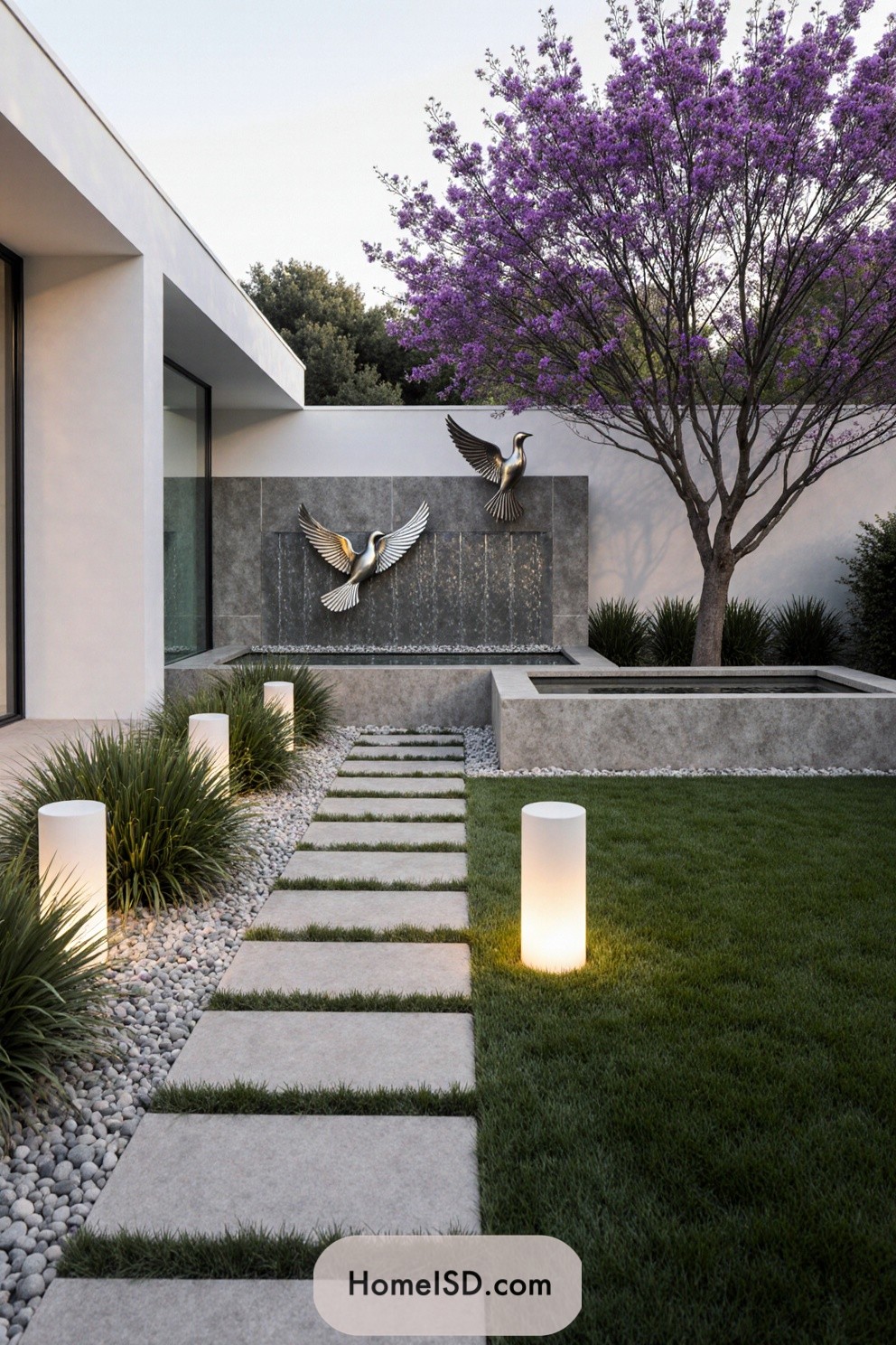 Modern villa garden with illuminated pathway and purple tree