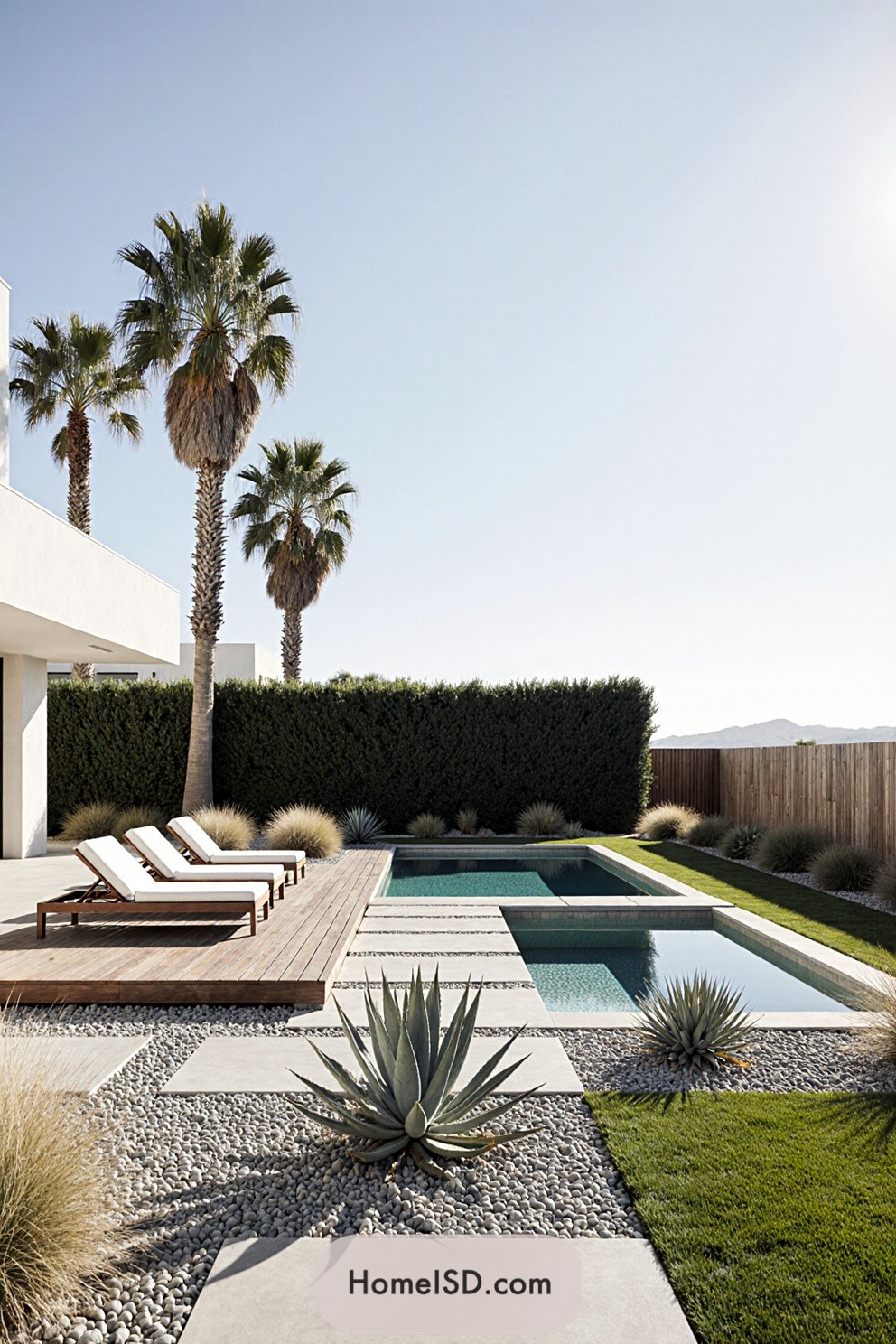 Poolside with loungers and palm trees