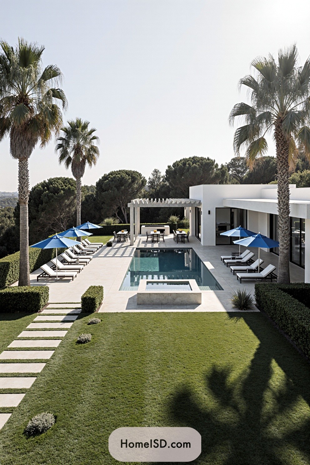 Modern villa exterior with pool, lounge chairs, and palm trees
