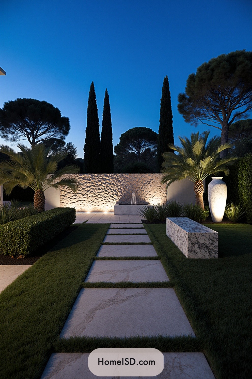 Evening garden with pathway and illuminated features