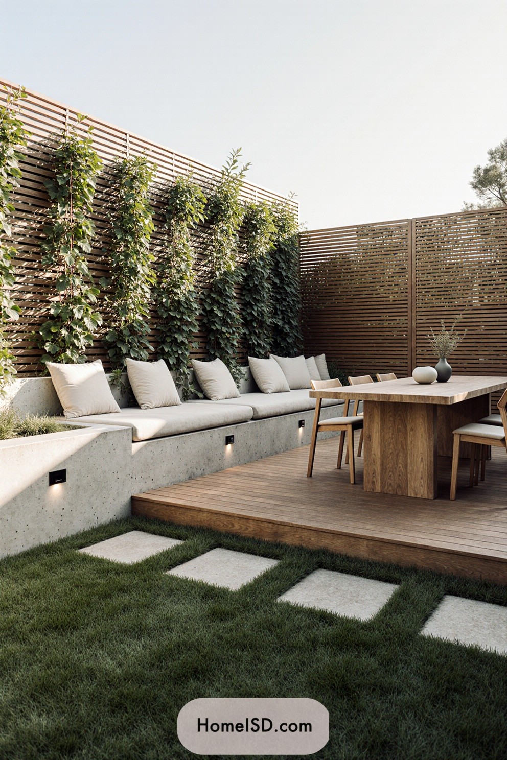 Modern outdoor patio with wooden furniture and vertical garden