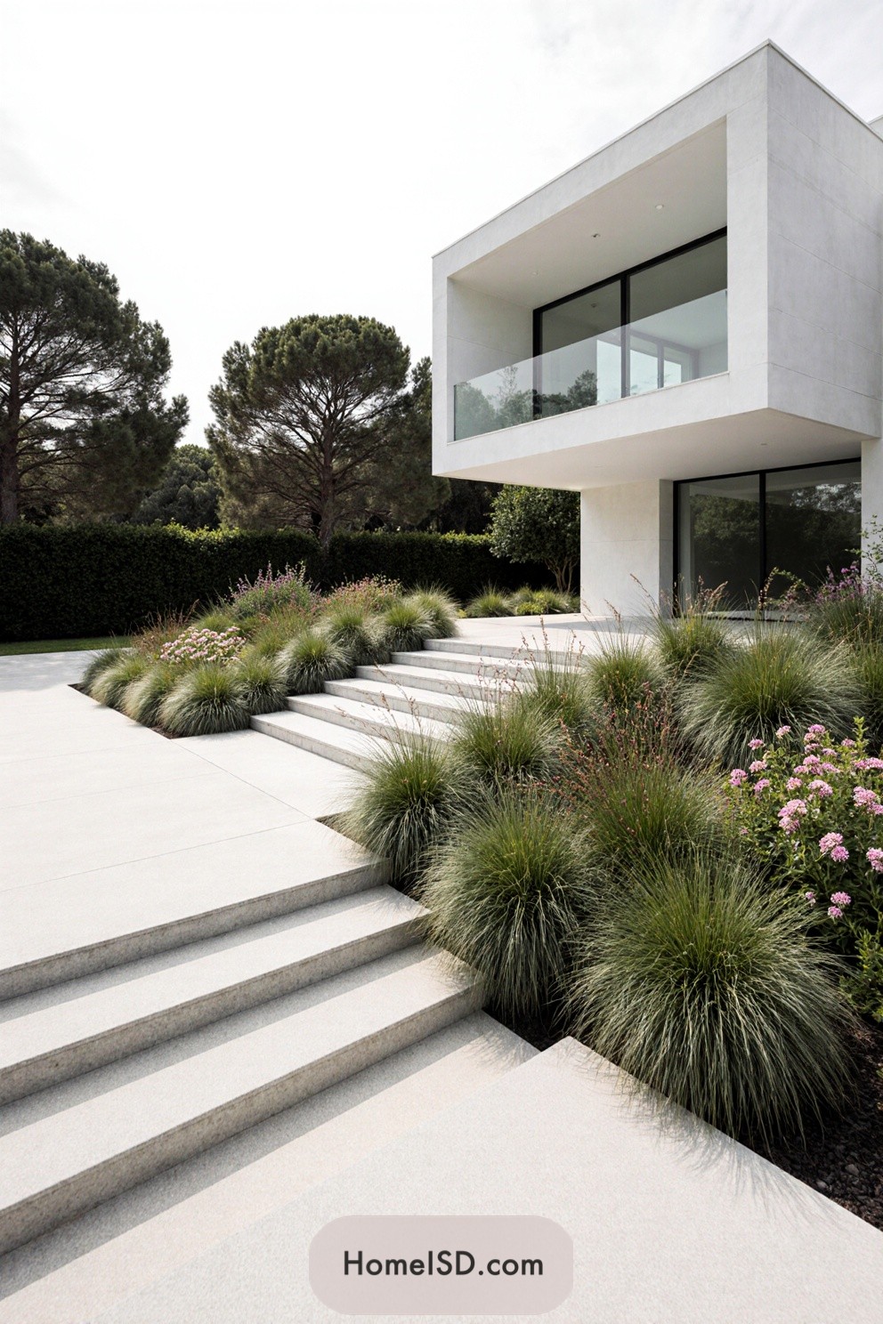 Modern villa exterior with sleek steps and lush landscaping