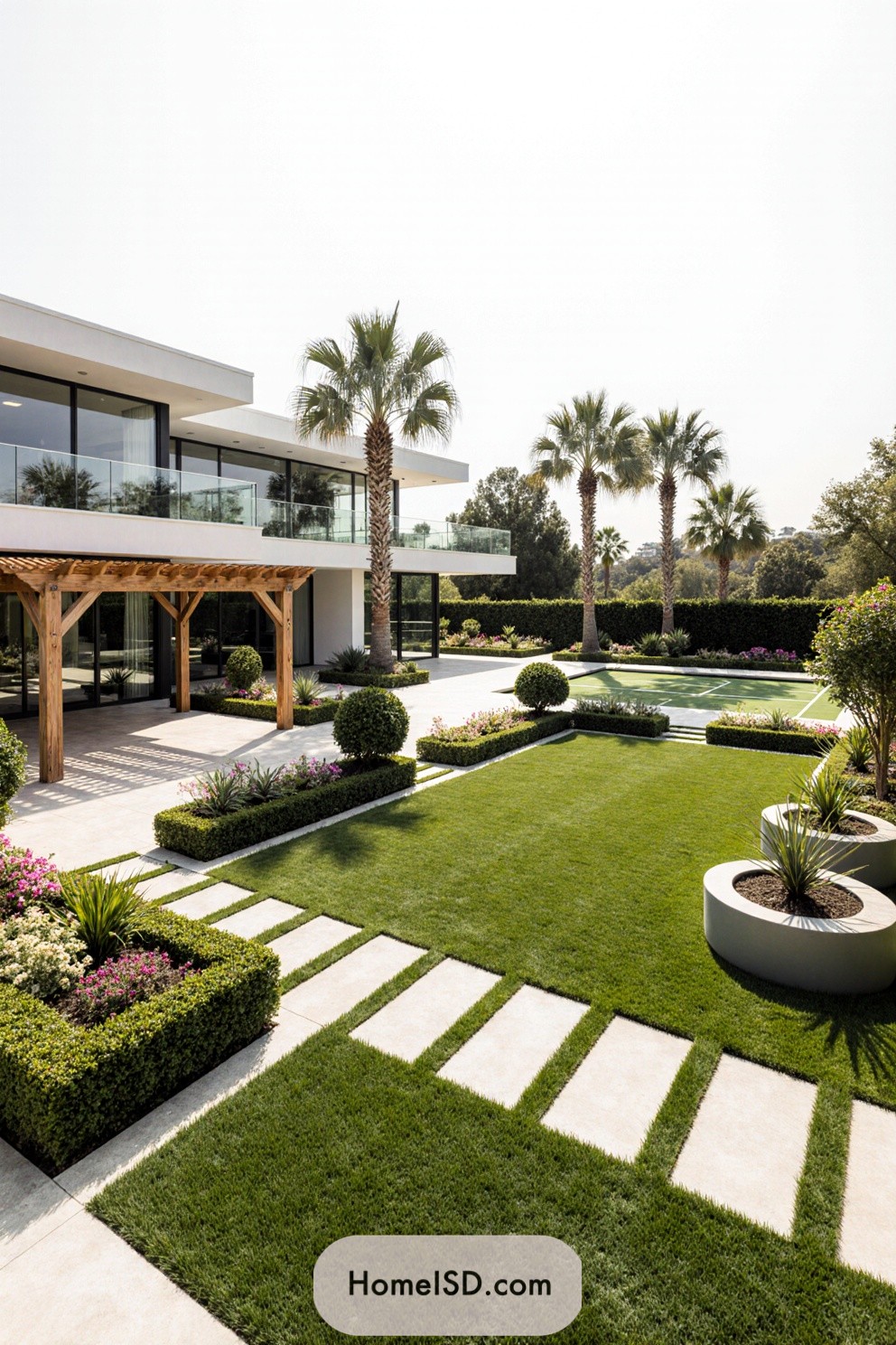 Modern villa landscape design with geometric layout, clean lines, and structured symmetry. Manicured lawns, sculpted shrubs, palm trees, flowering bushes, and small ornamental trees. Contemporary flat-roof architecture featuring extensive rooftop gardens and linear plant beds. Paved stone walkways, wooden gazebo, green sports surface, and circular decorative planters line the frontage. Lush borders, organized greenery, and a harmonious blend of natural and built elements create a refined and tranquil atmosphere.
