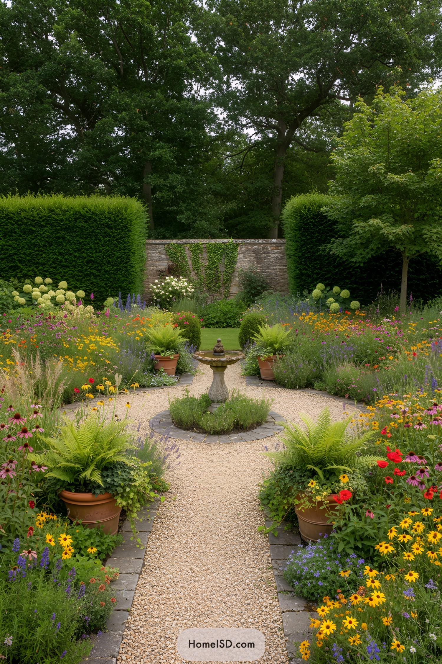 Circular garden path with colorful flowers and a central fountain