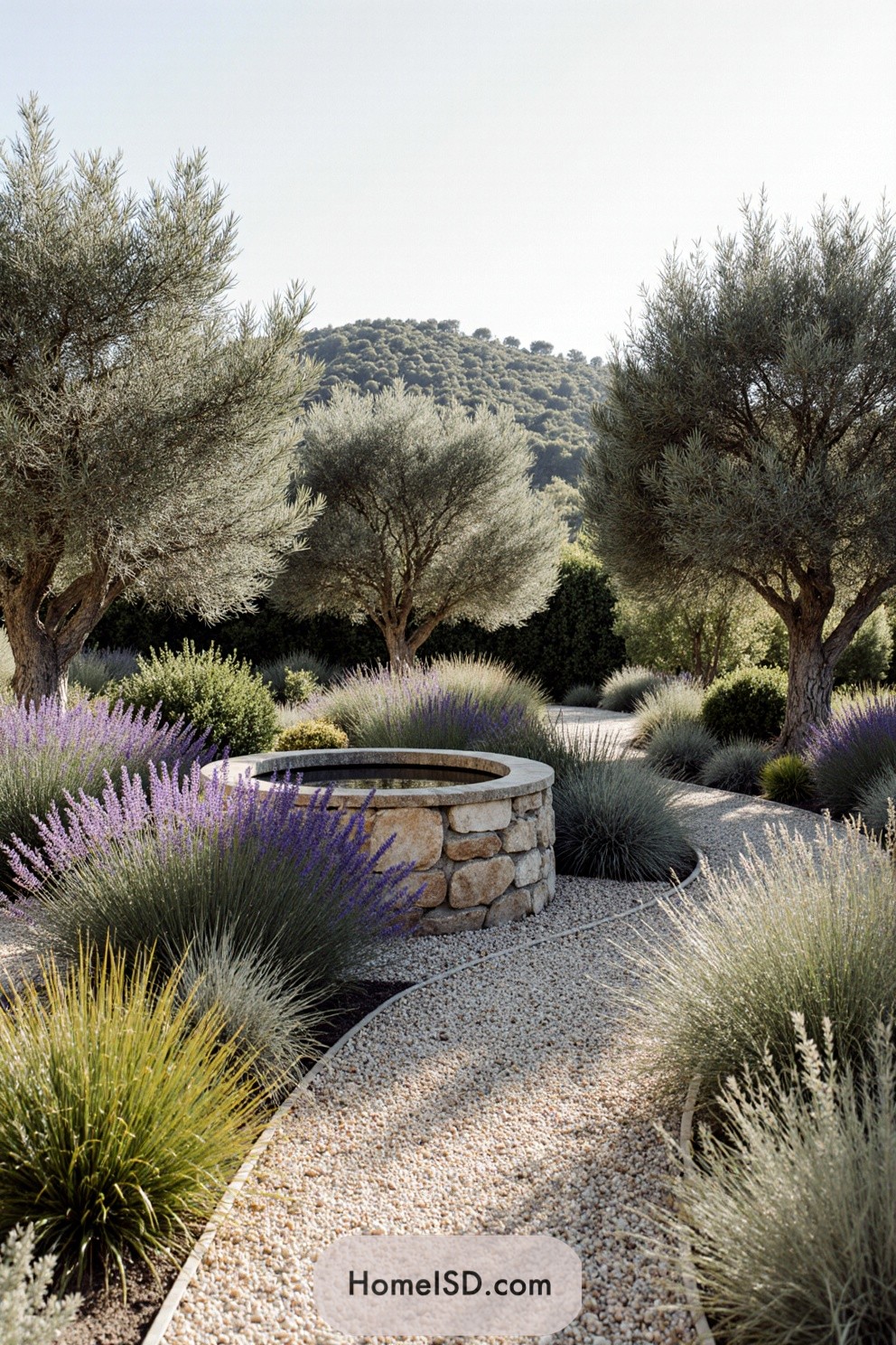 Garden with lavender plants, stone well, and olive trees