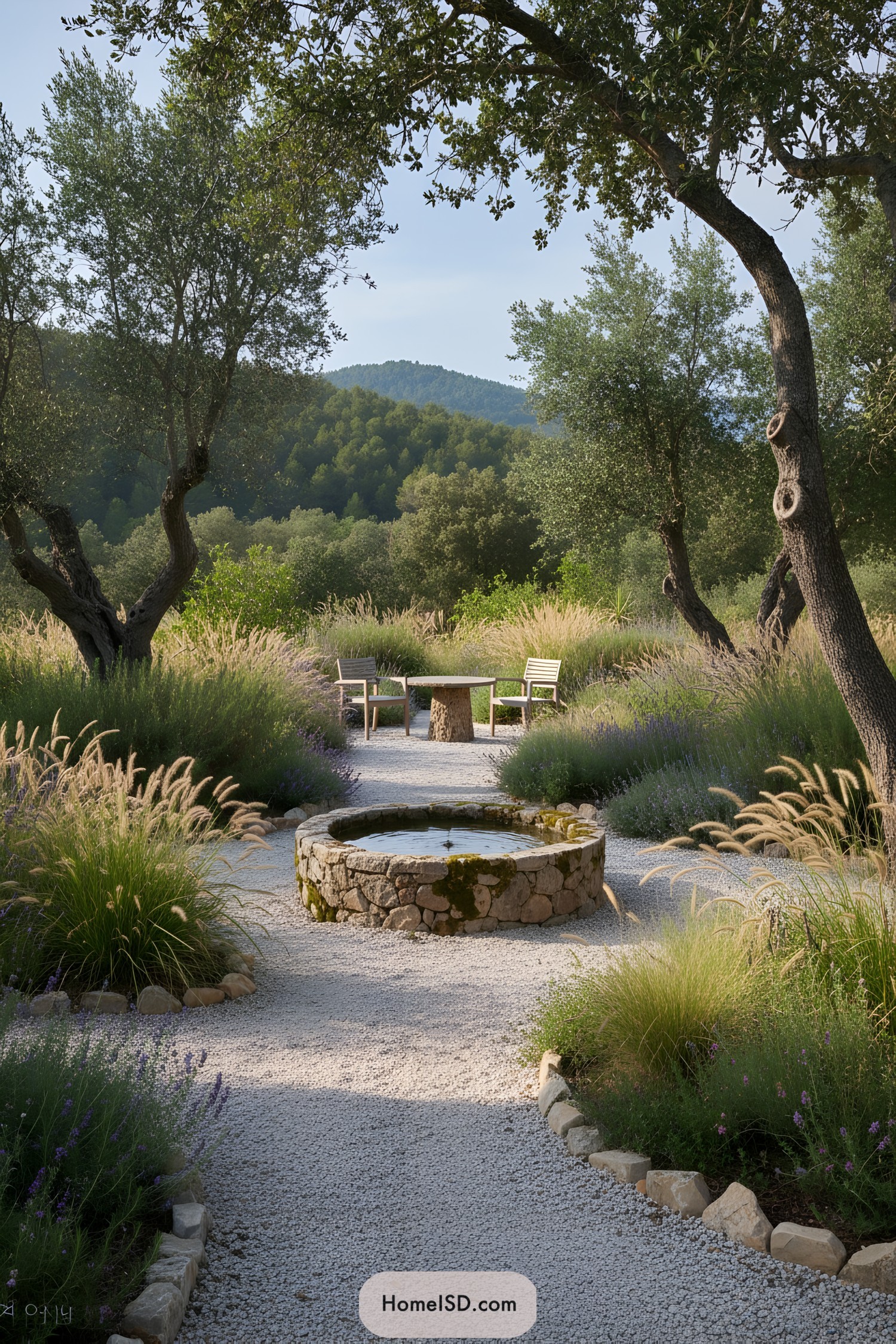 Peaceful garden with stone fountain and seating area
