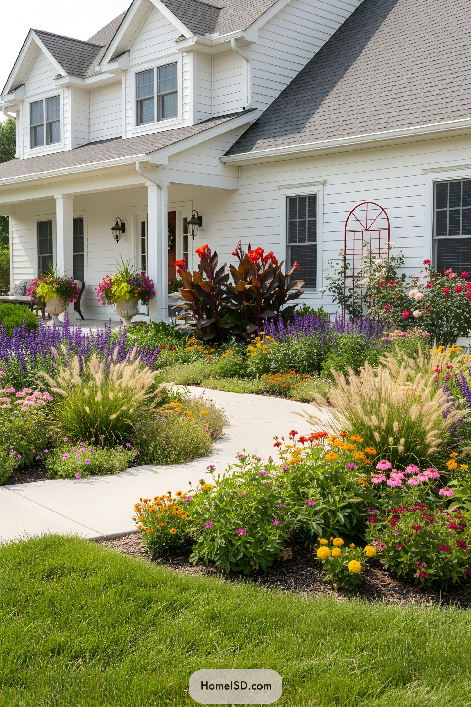 Colorful flowering plants in a landscaped front yard