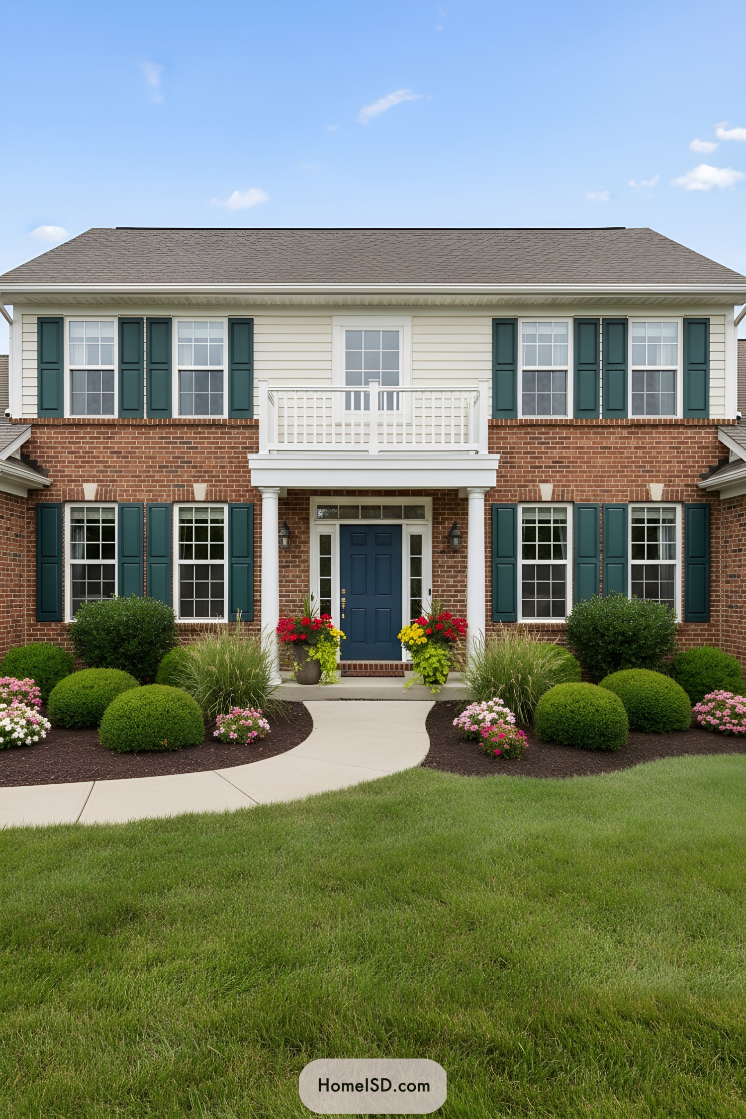 Elegant brick home entrance with vibrant plants