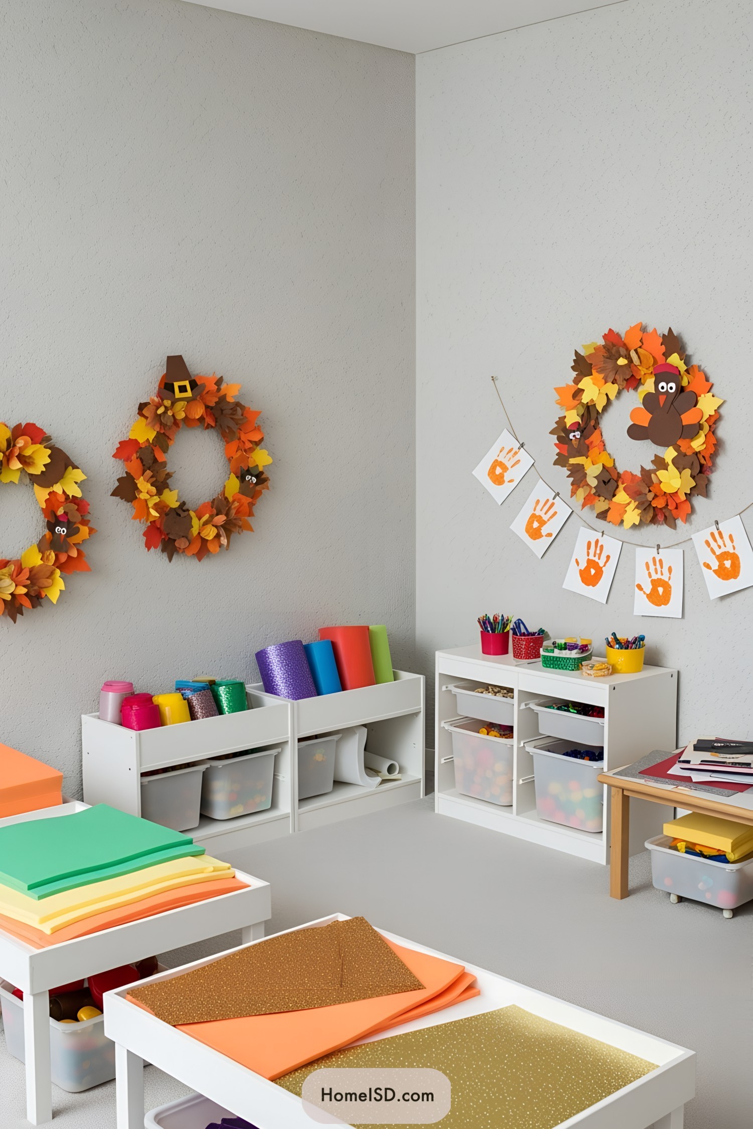 Colorful craft area with Thanksgiving wreaths and supplies
