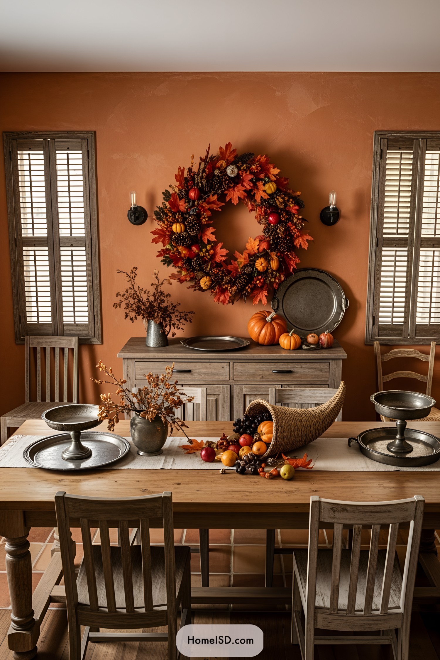 Warm dining room decorated for Thanksgiving with a vibrant autumn wreath and centerpiece