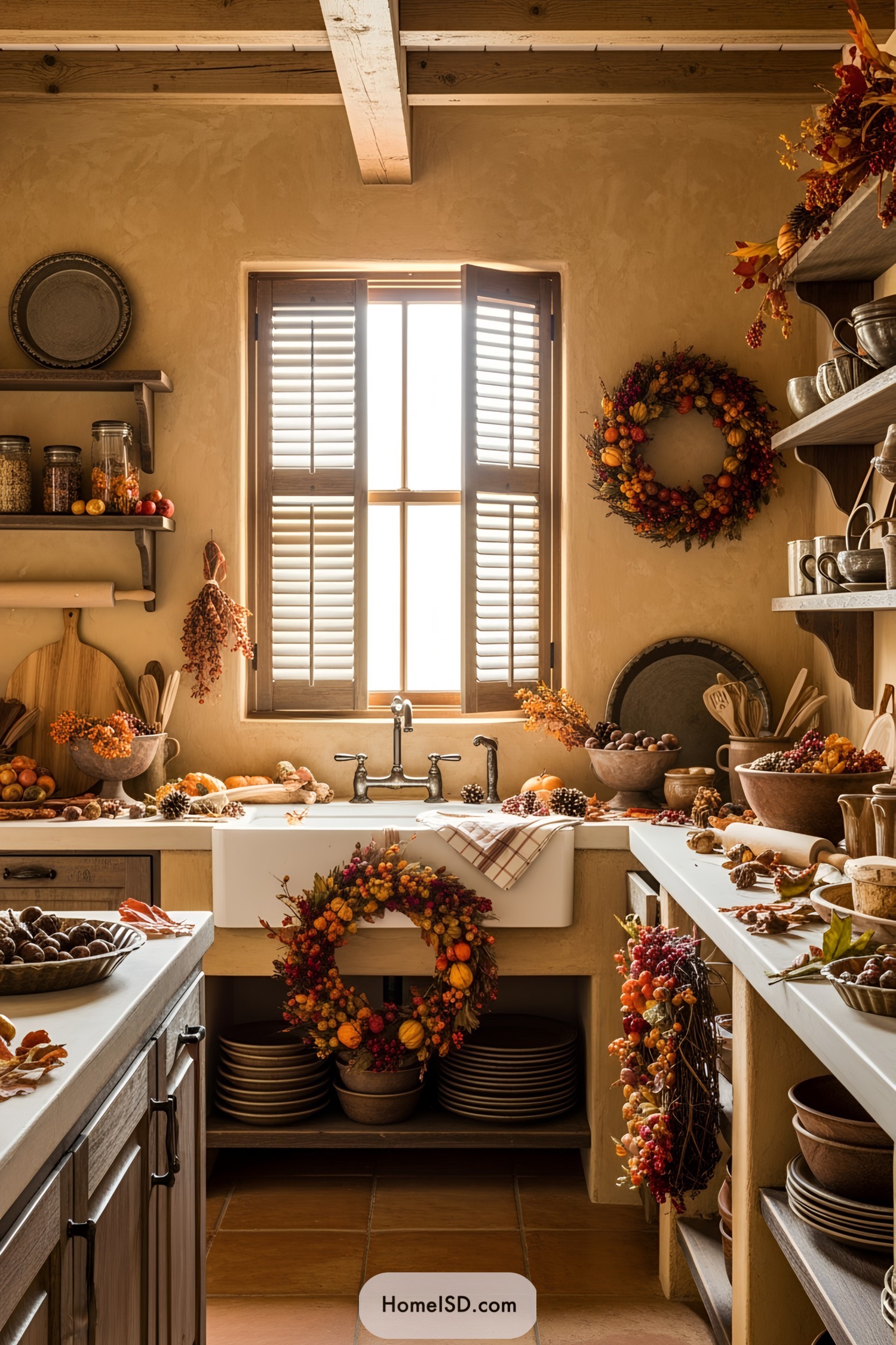 Thanksgiving-themed kitchen with autumn decorations