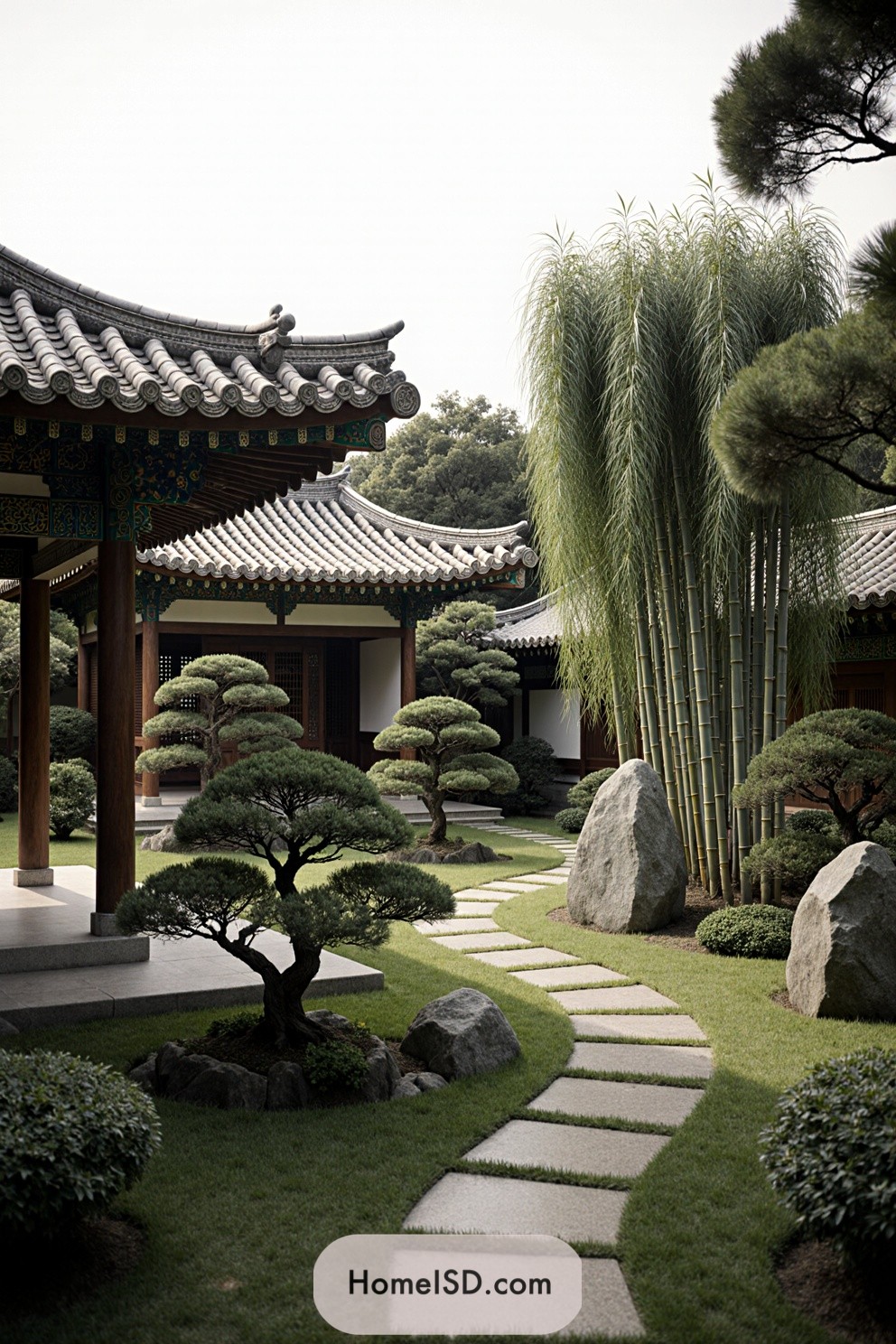 Tranquil garden with curved paths and lush greenery