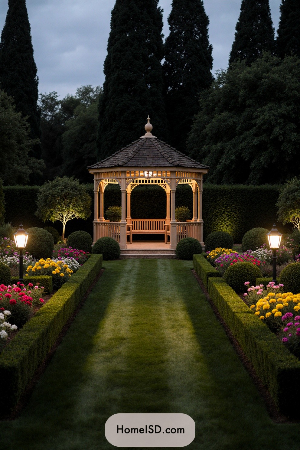 Illuminated gazebo amidst manicured garden path with vibrant flowers