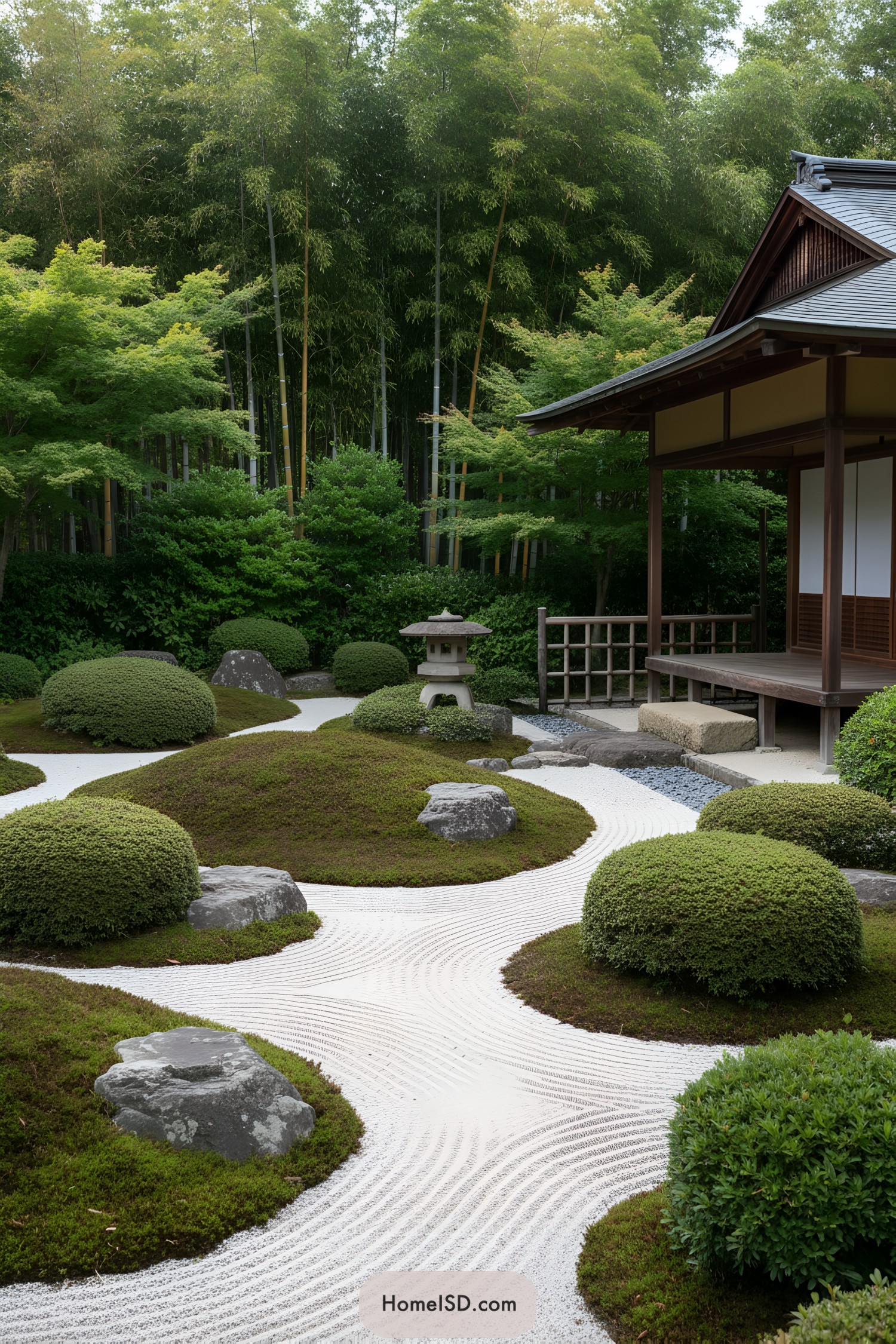 Japanese garden with raked sand, moss-covered mounds, and lush foliage