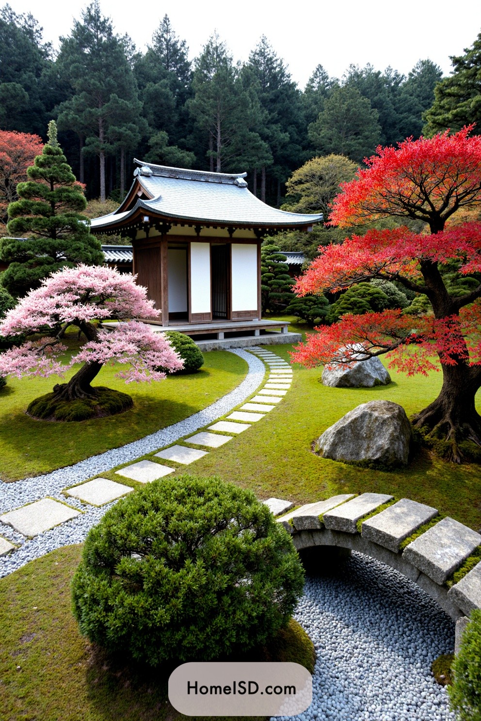 Serene Japanese garden with vibrant foliage and pebbled pathways