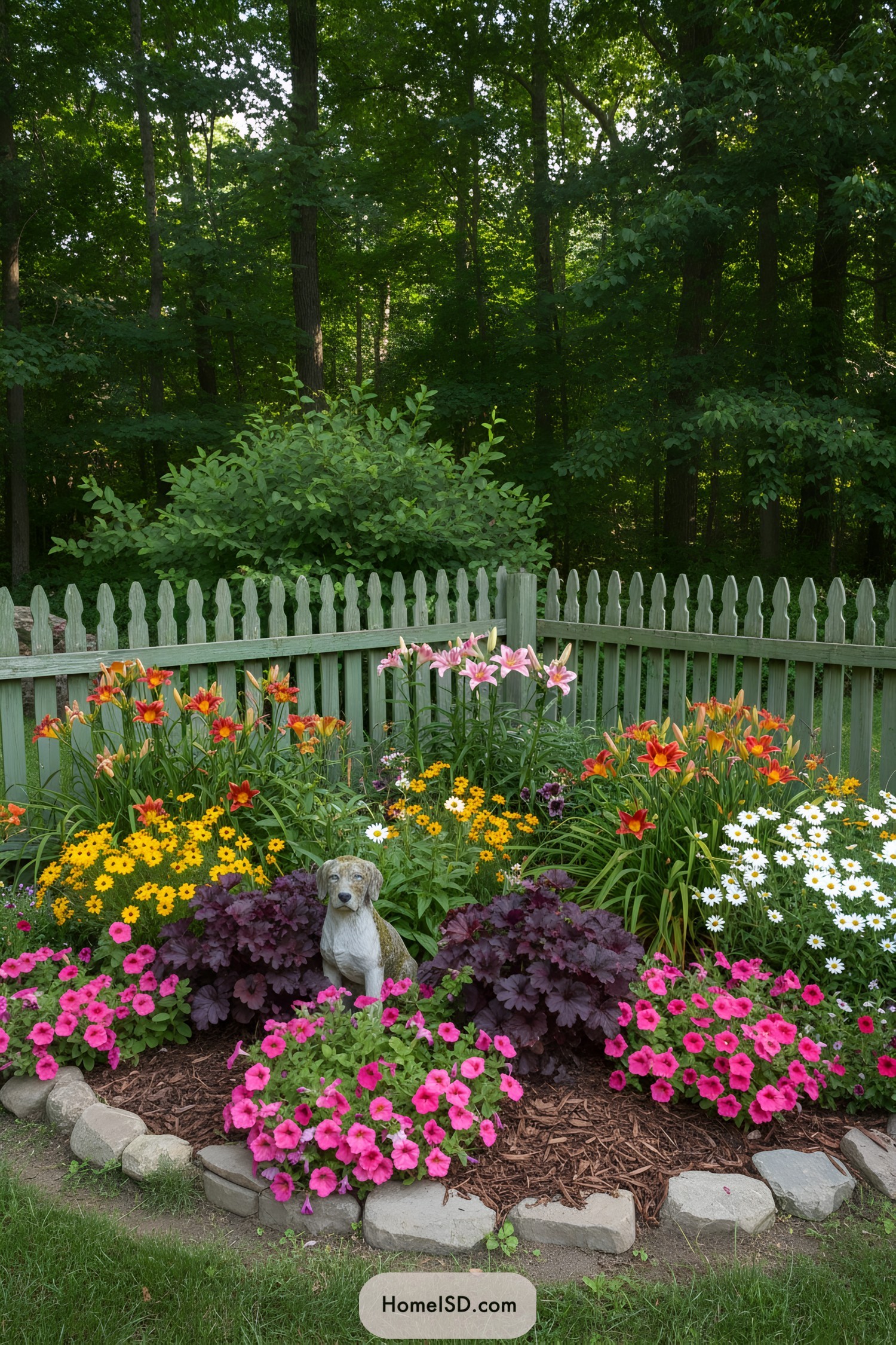 Colorful flower garden with a dog statue
