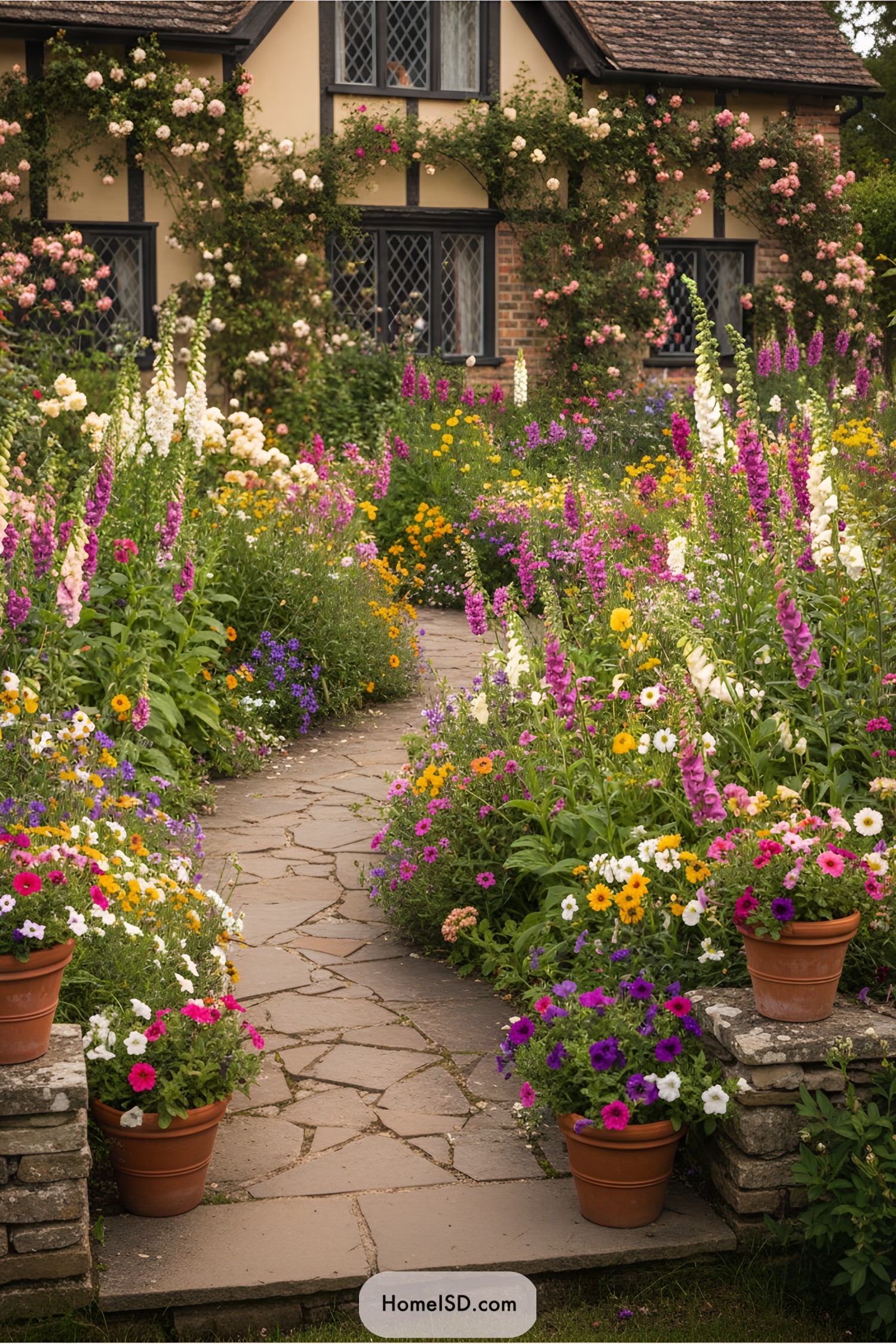 Stone path lined with vibrant flower beds leading to a cozy cottage