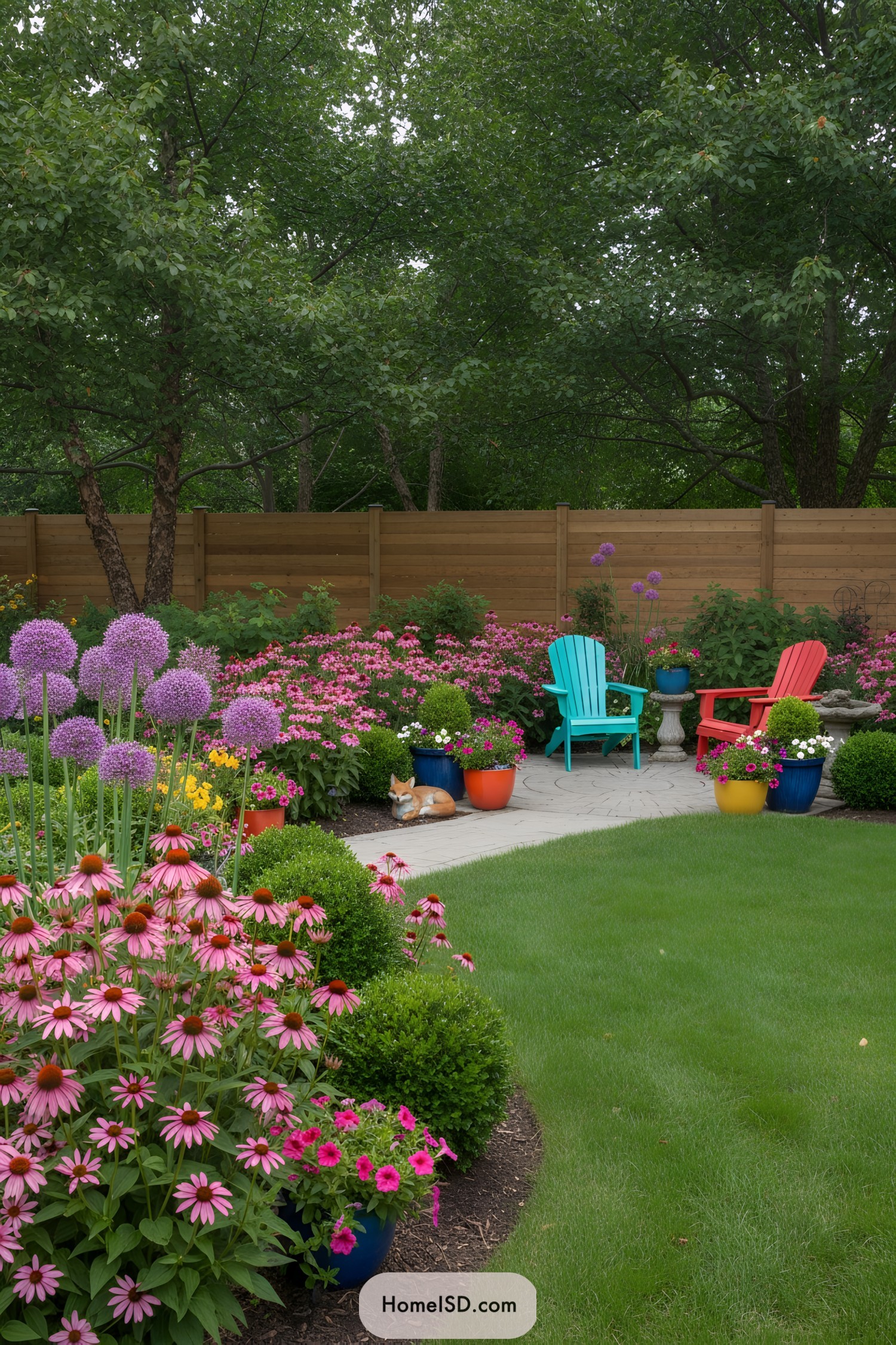 Bright garden with colorful chairs and lush flowers