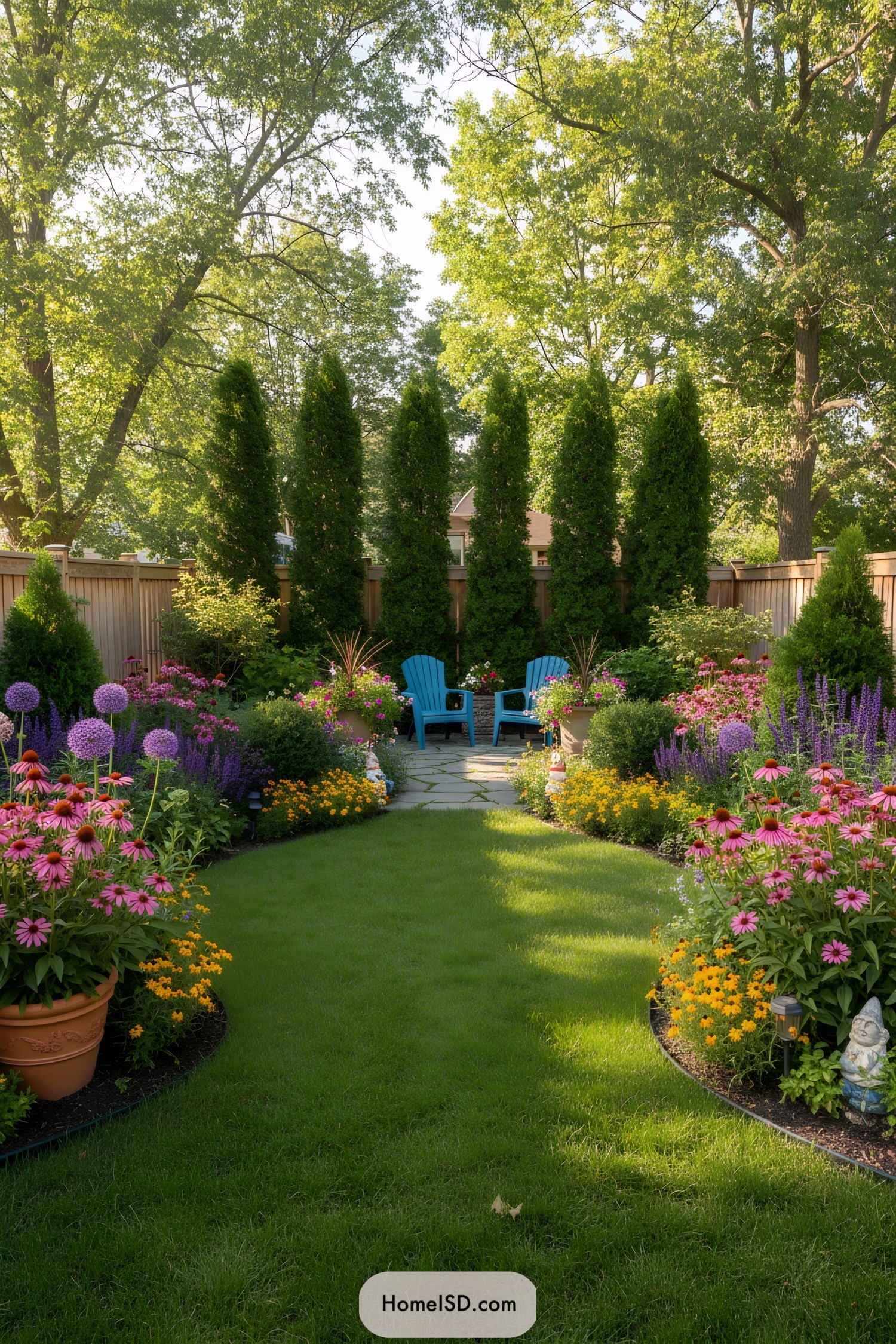 Charming small garden with vibrant flowers and blue chairs