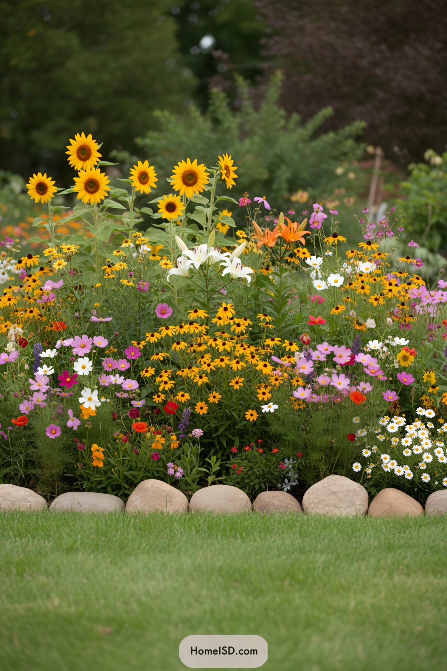 Colorful garden with sunflowers and mixed blooms