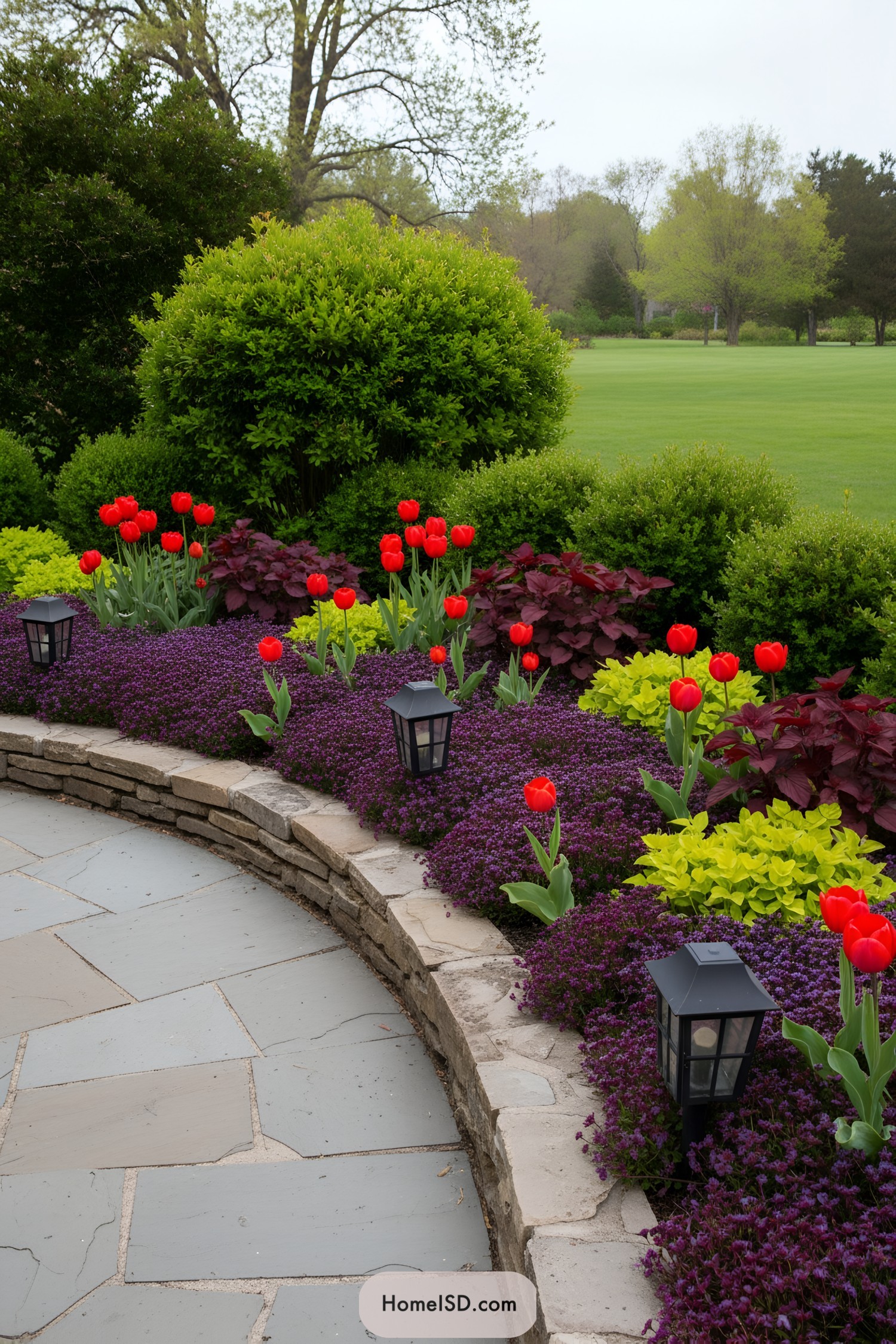 Vibrant garden bed with tulips and lush greenery