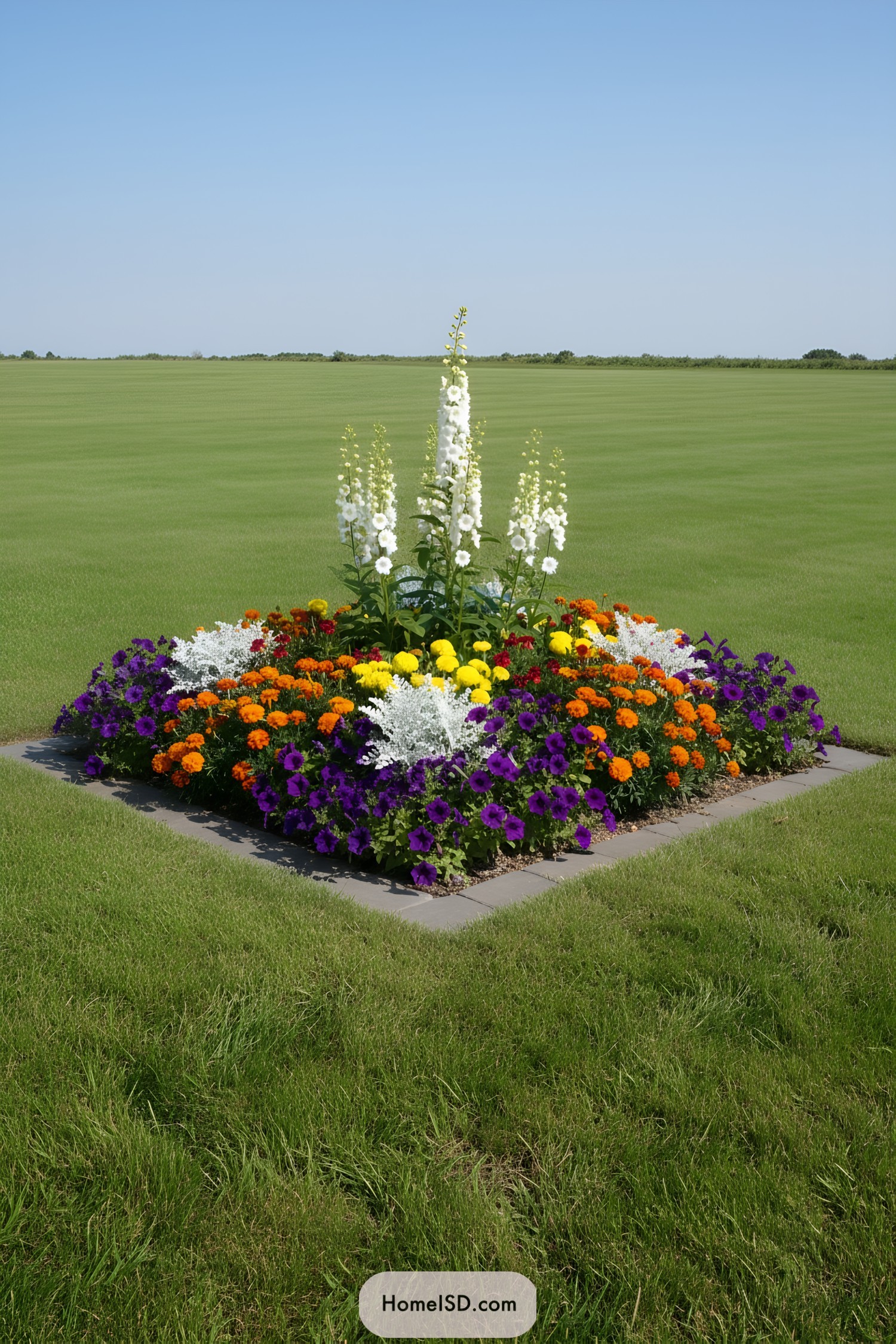 Colorful flower bed in a vast grassy field