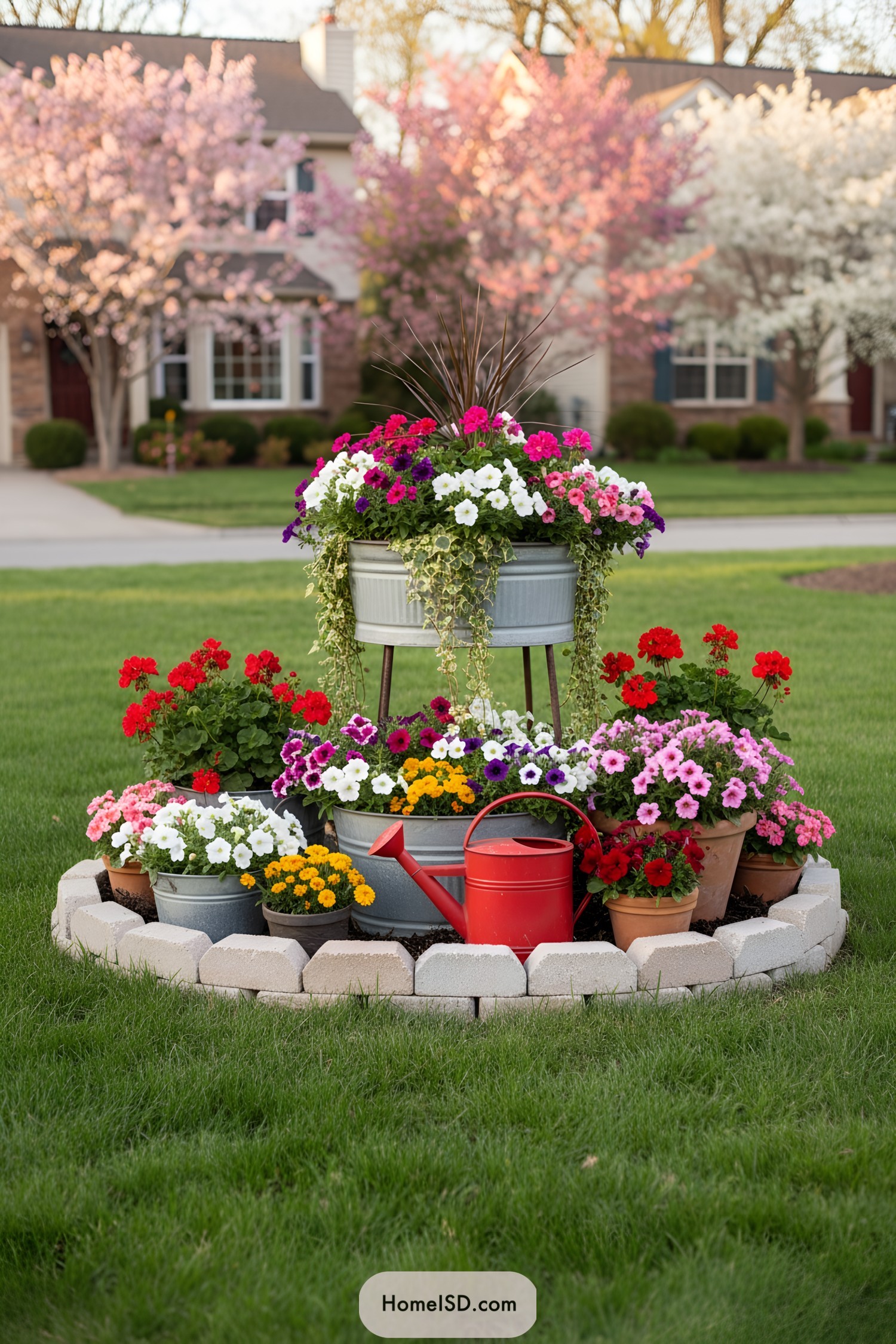 Tiered metal planters with colorful flowers in a backyard
