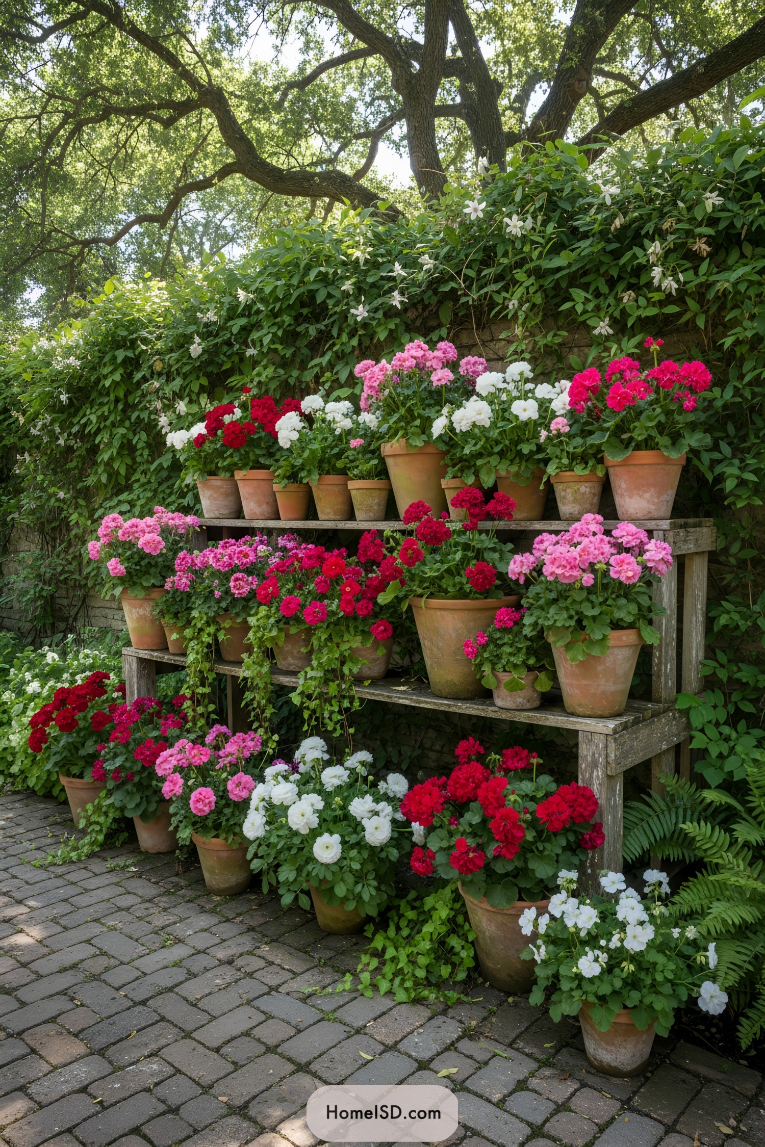 Colorful potted flowers on rustic shelves with a green backdrop