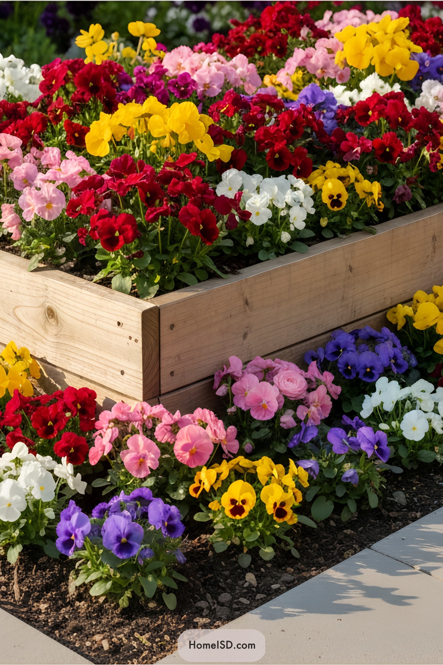 Colorful pansies flourishing in a wooden planter