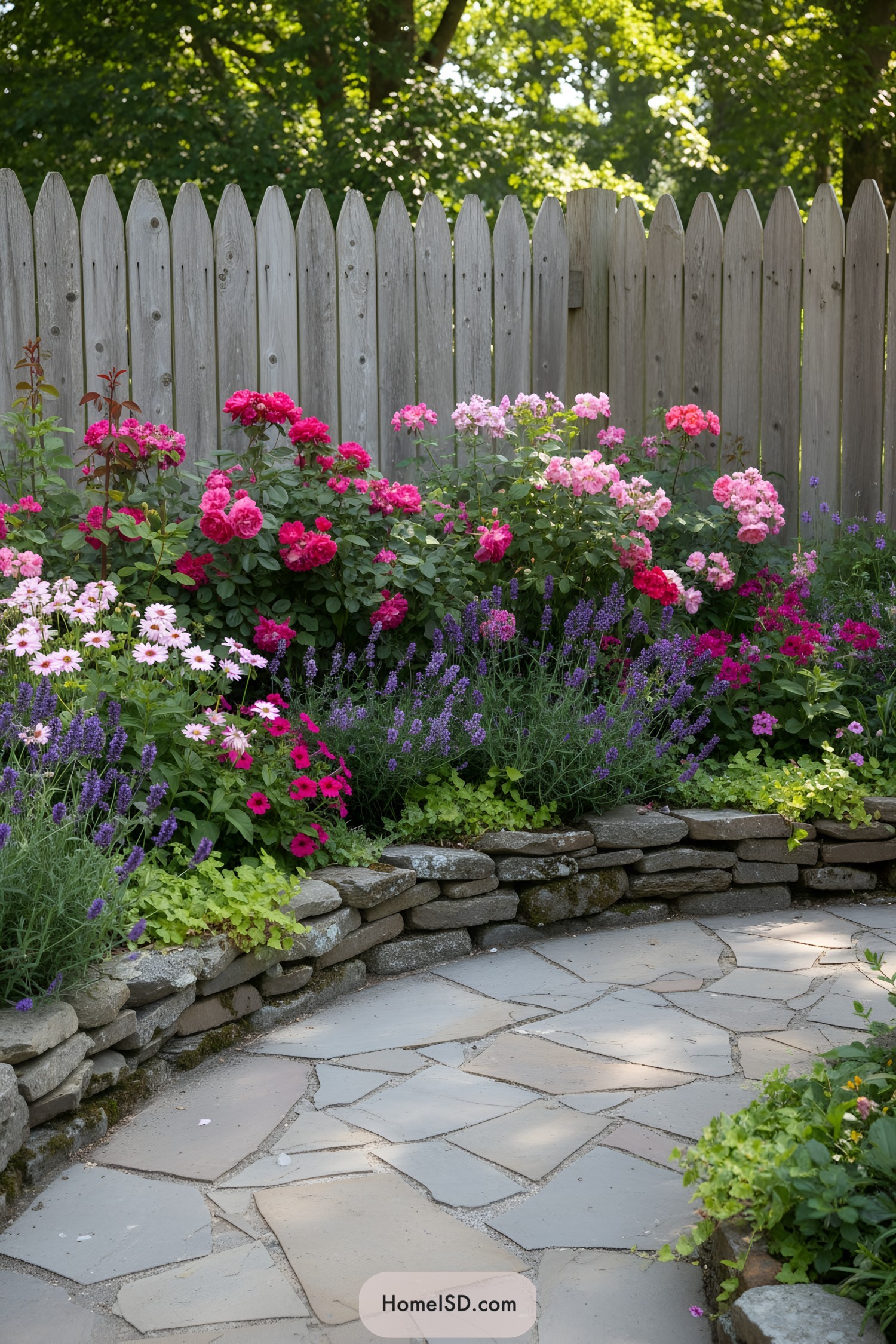 Colorful flowers bloom by a stone path and wooden fence