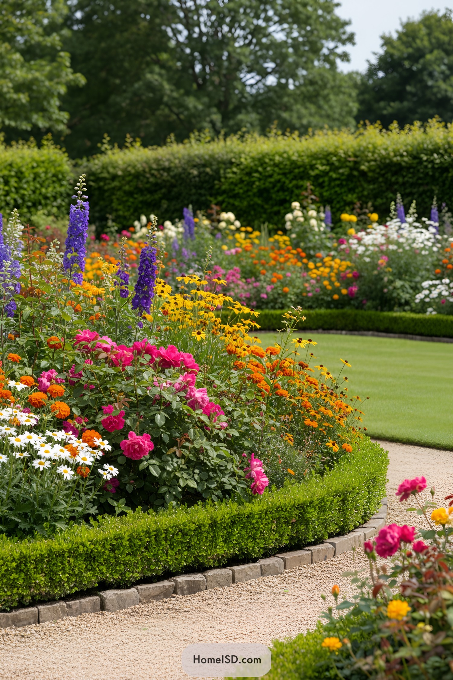 Vibrant flower beds with diverse blooms along a curved pathway