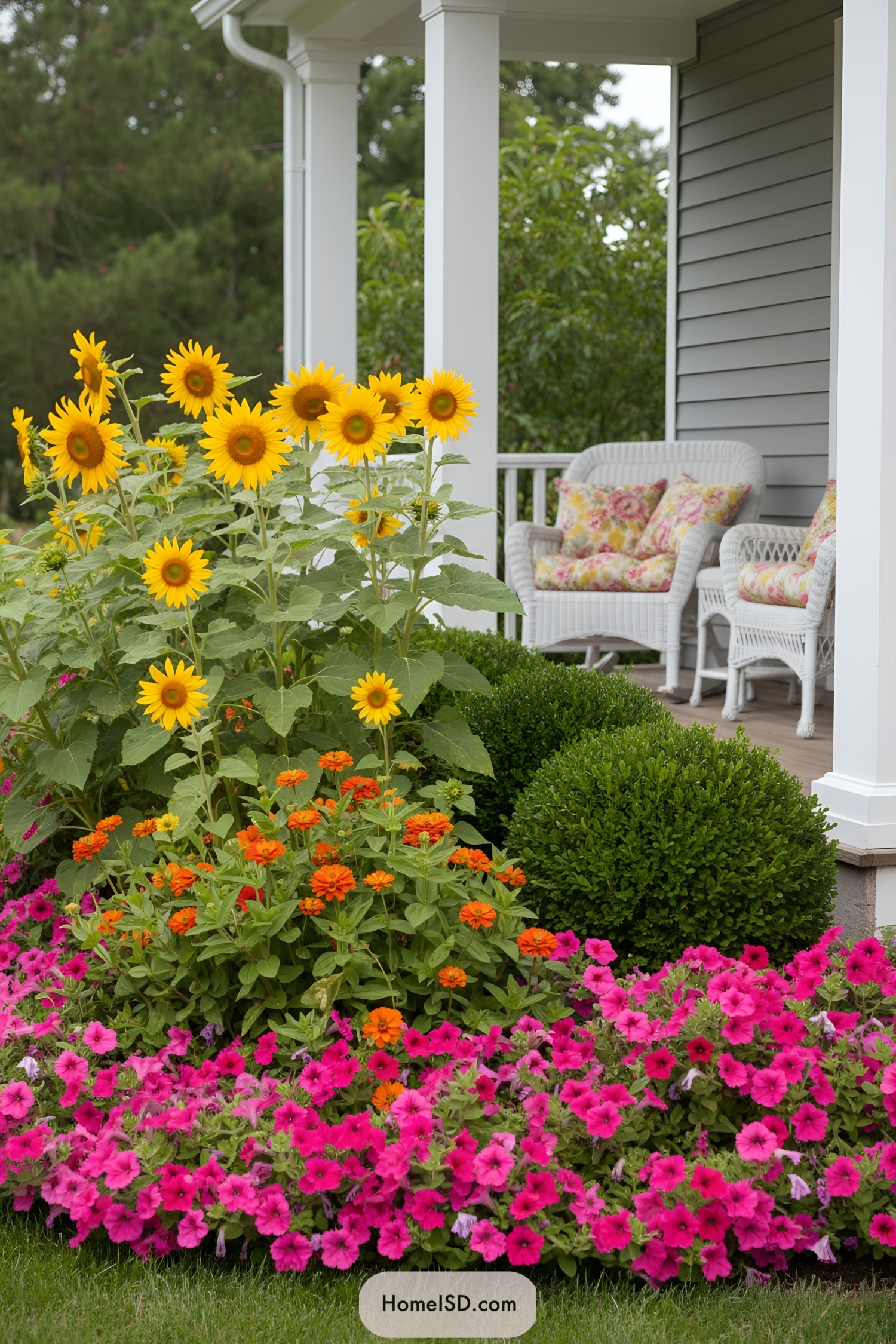 Colorful flowers blooming alongside a cozy porch