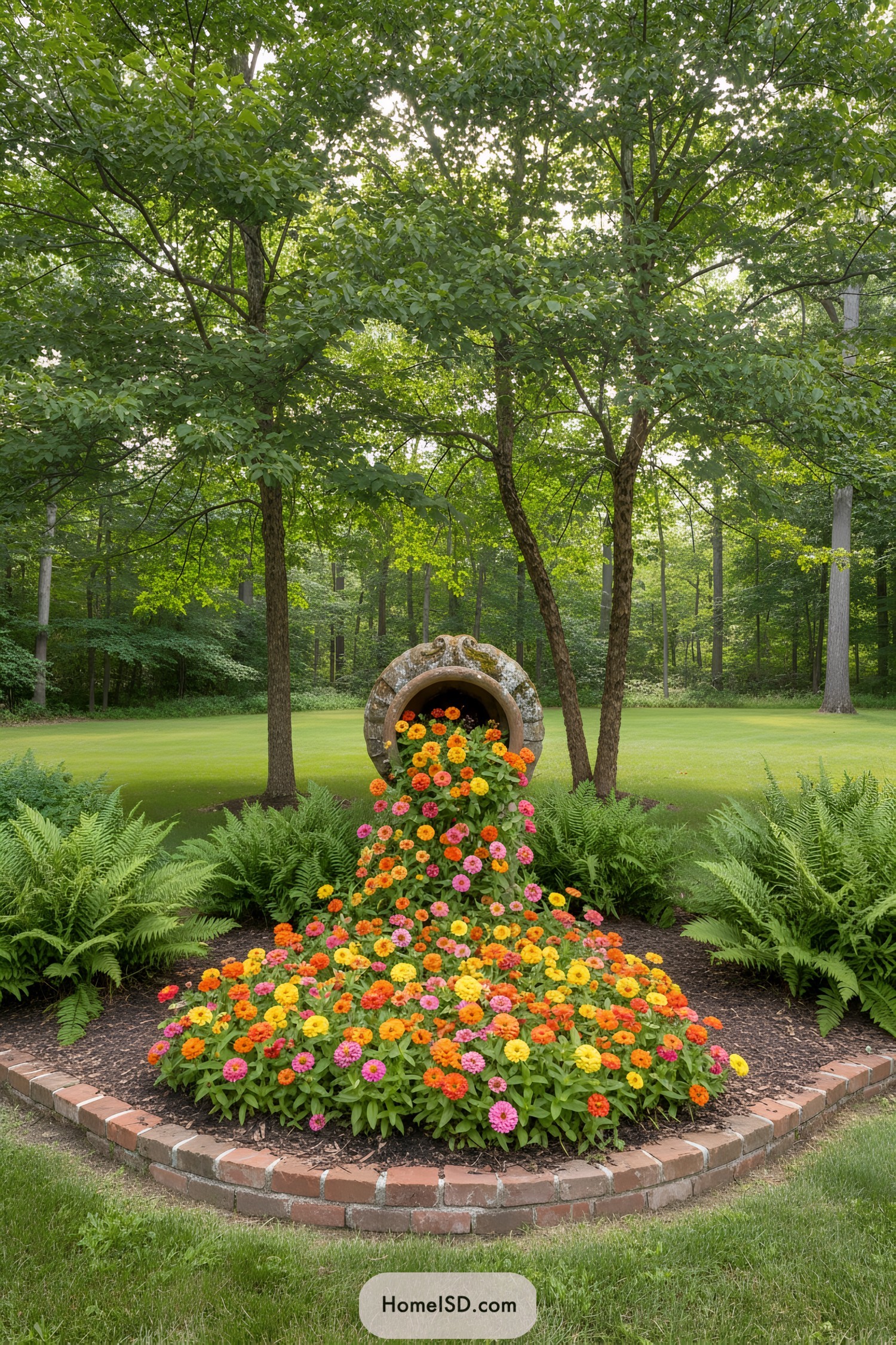 Colorful flowers cascading from a decorative pot surrounded by lush greenery