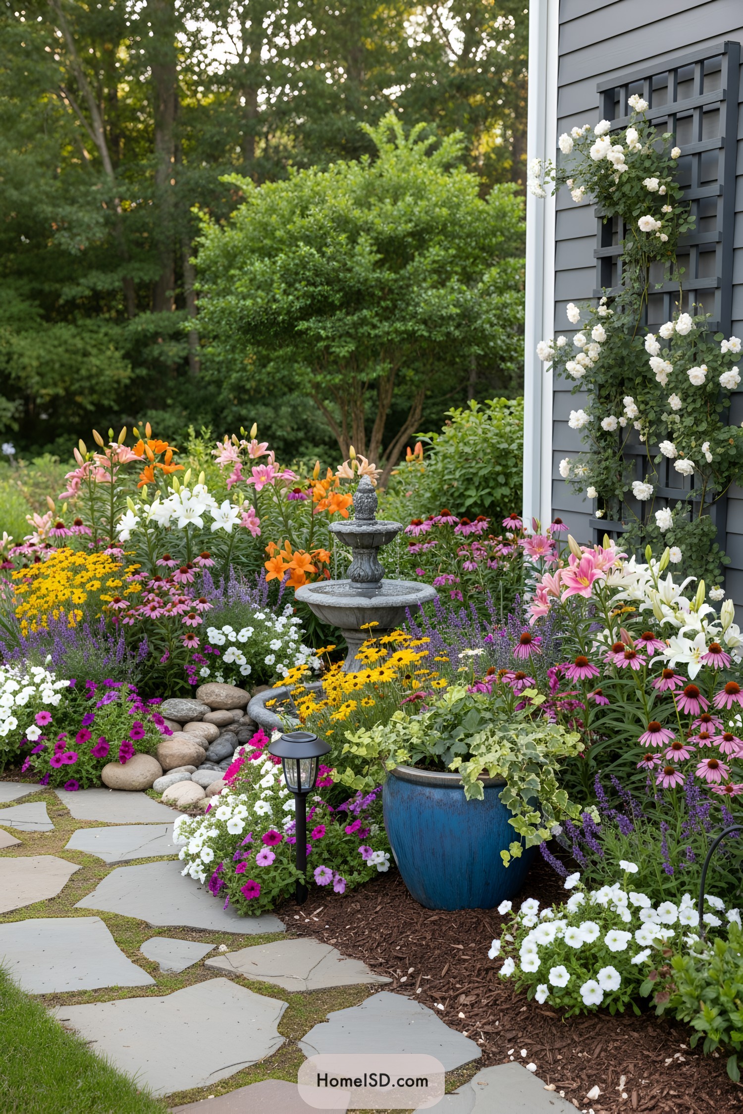 Vibrant flower garden with a fountain