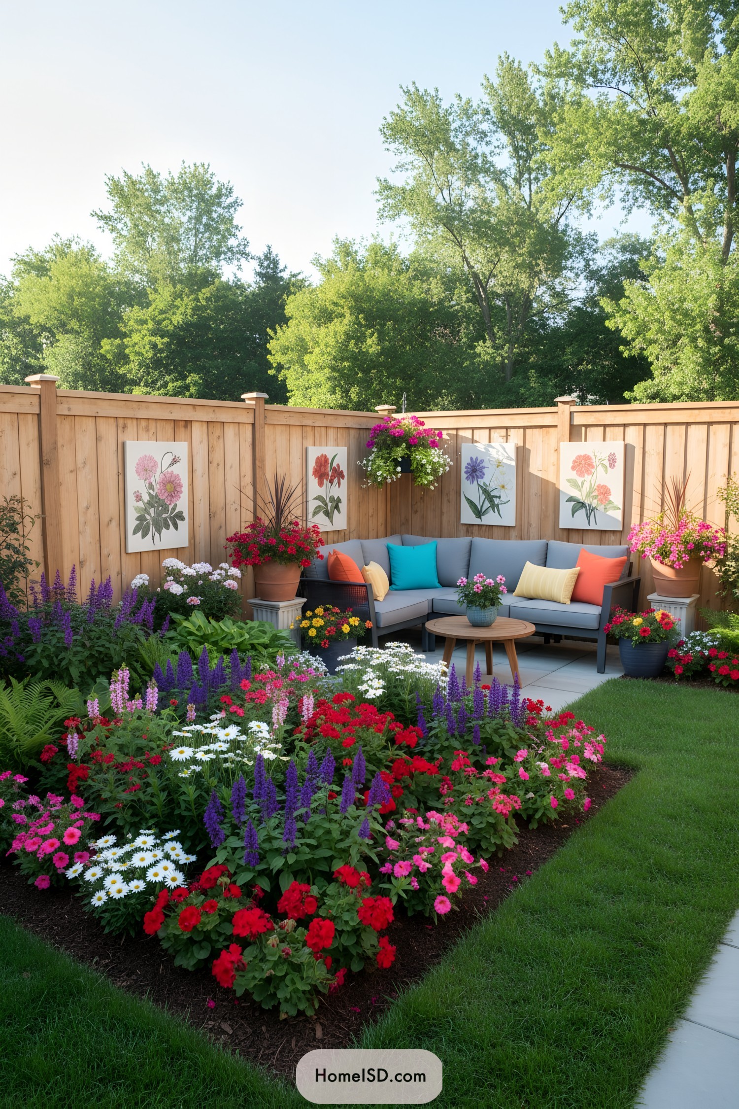 Small flower garden with colorful, neatly arranged flower beds bordered by mulch and lush green grass. Vibrant annuals and perennials including red, purple, and white flowers are interspersed with leafy foliage plants and potted arrangements. Light wood privacy fencing creates an enclosed, intimate space, enhanced by decorative botanical wall art. Modern cushioned patio seating and a low table provide comfort, accented by vivid throw pillows. Hanging baskets and large containers add height and layers to the landscaping, while tall trees and greenery in the background frame the serene garden setting.