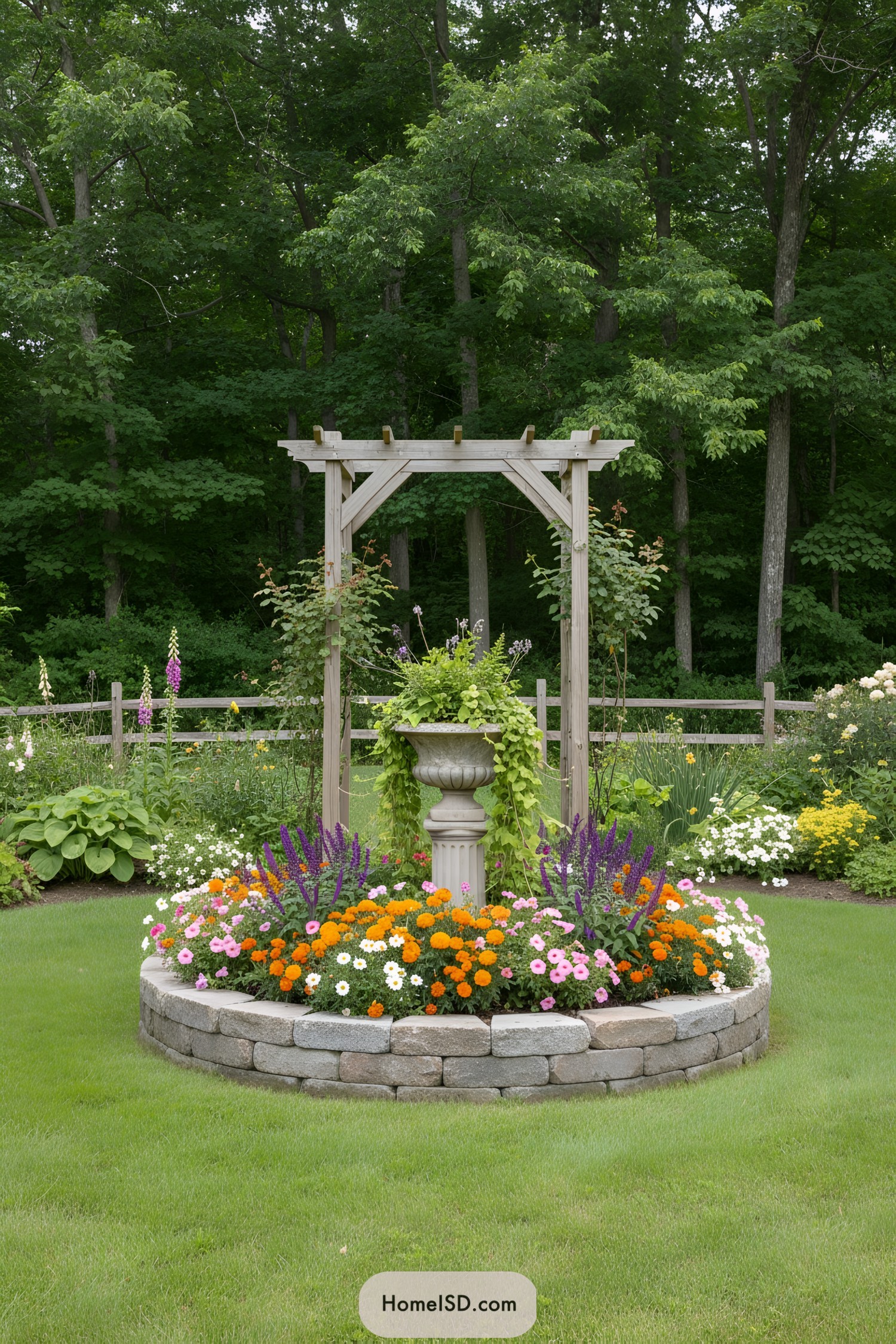 Small flower garden with circular stone border and wooden arch