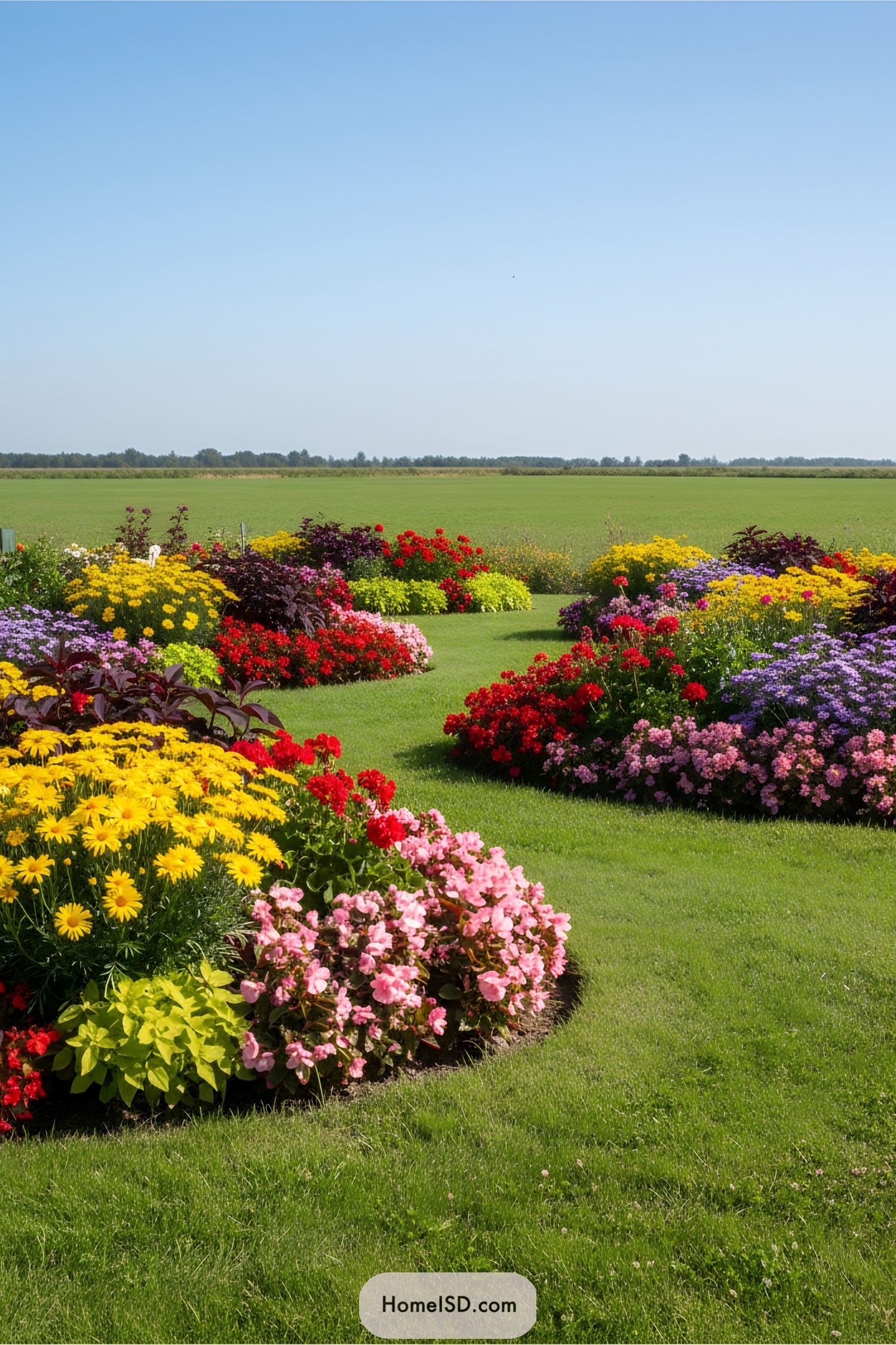 Colorful flower beds dot a grassy landscape against a vast field