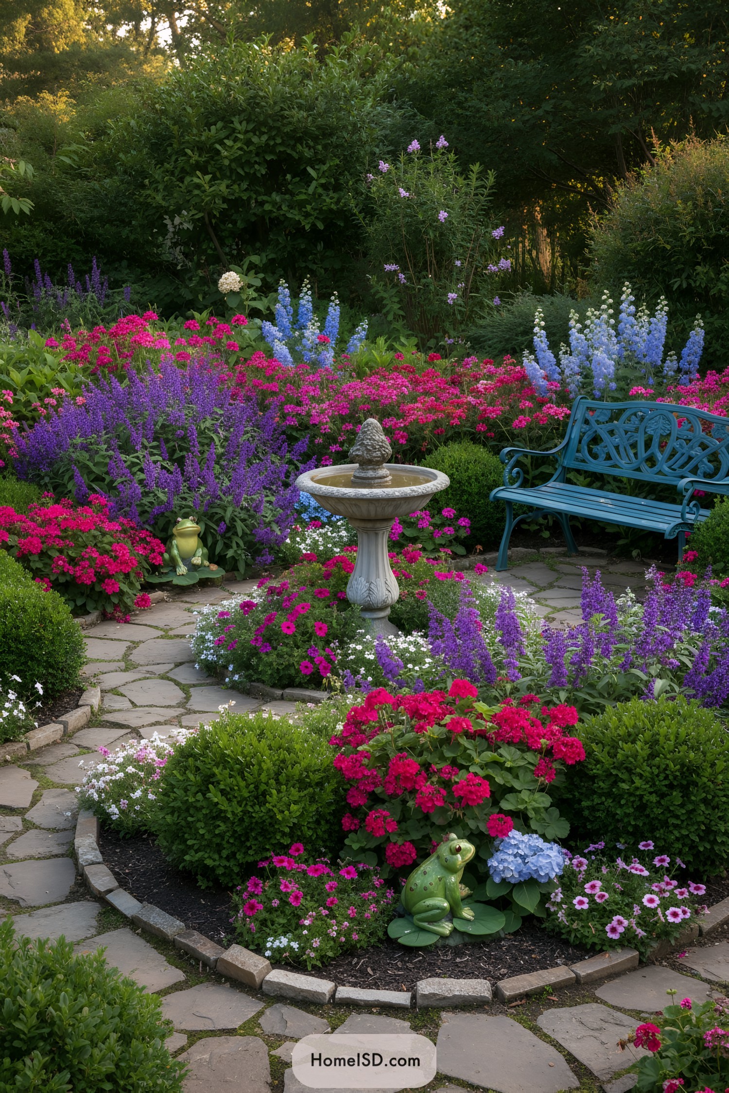 Garden with flowers, a fountain, and a frog statue
