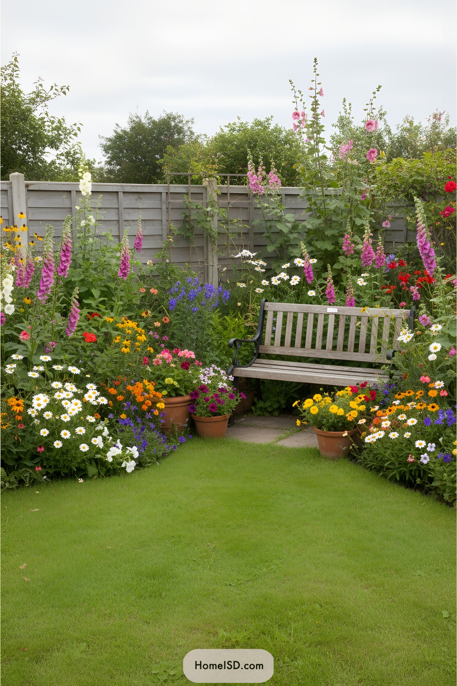 A cozy corner garden with vibrant flowers and a wooden bench