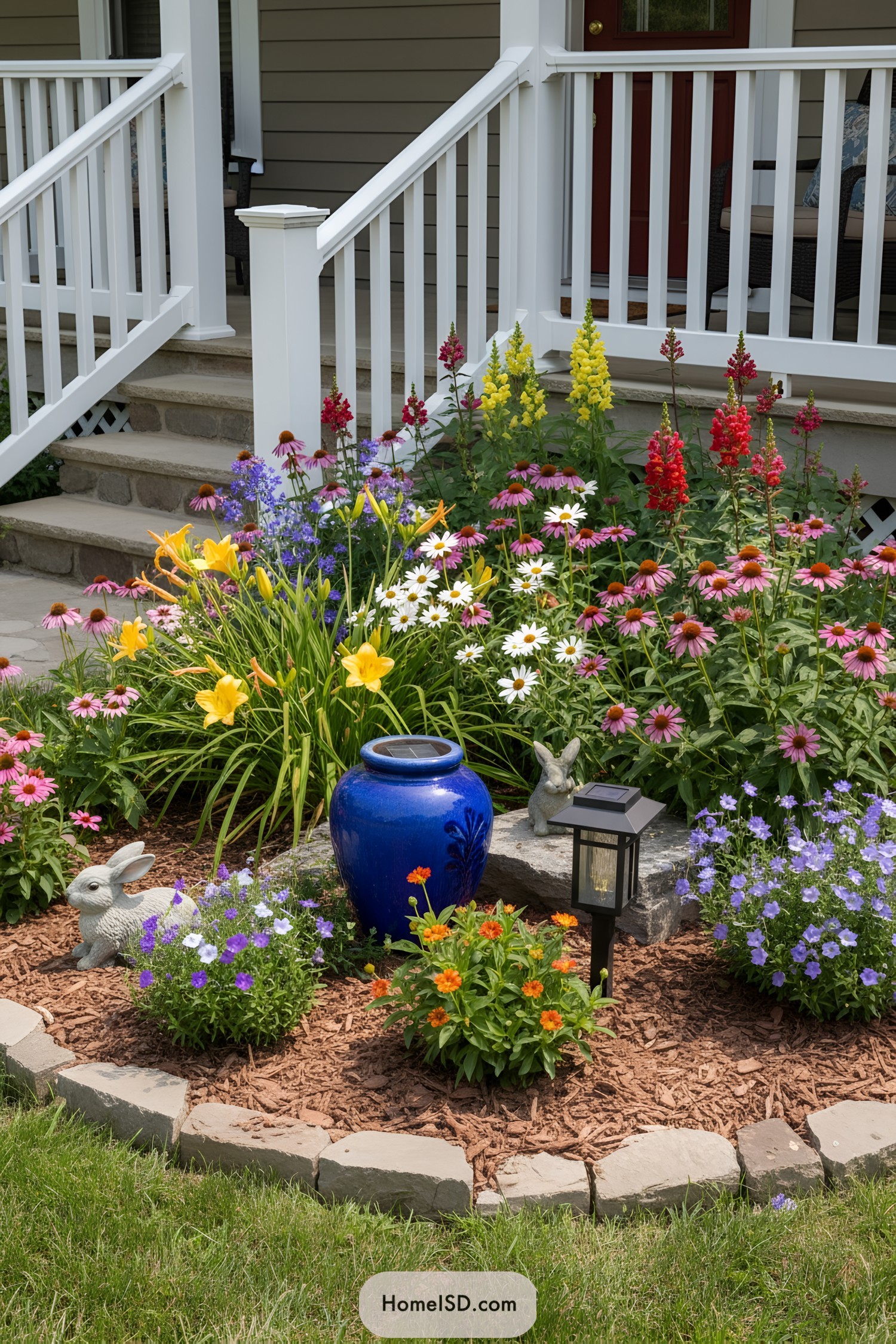 Vibrant small flower garden with a blue pot and white railings